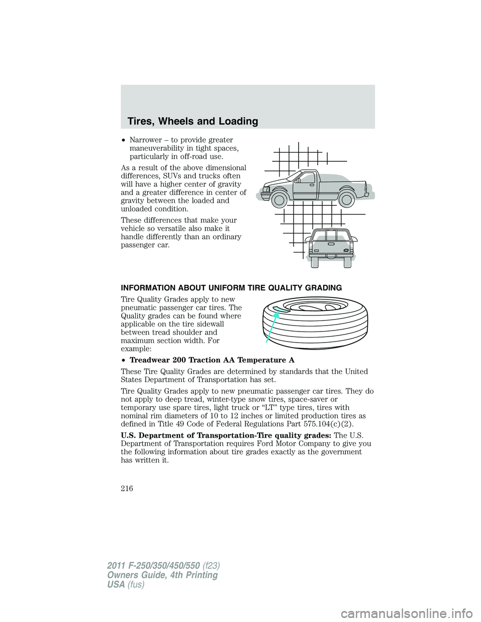 FORD F250 2011 Owners Manual •Narrower – to provide greater
maneuverability in tight spaces,
particularly in off-road use.
As a result of the above dimensional
differences, SUVs and trucks often
will have a higher center of g FORD F250 2011 Owners Manual •Narrower – to provide greater
maneuverability in tight spaces,
particularly in off-road use.
As a result of the above dimensional
differences, SUVs and trucks often
will have a higher center of g