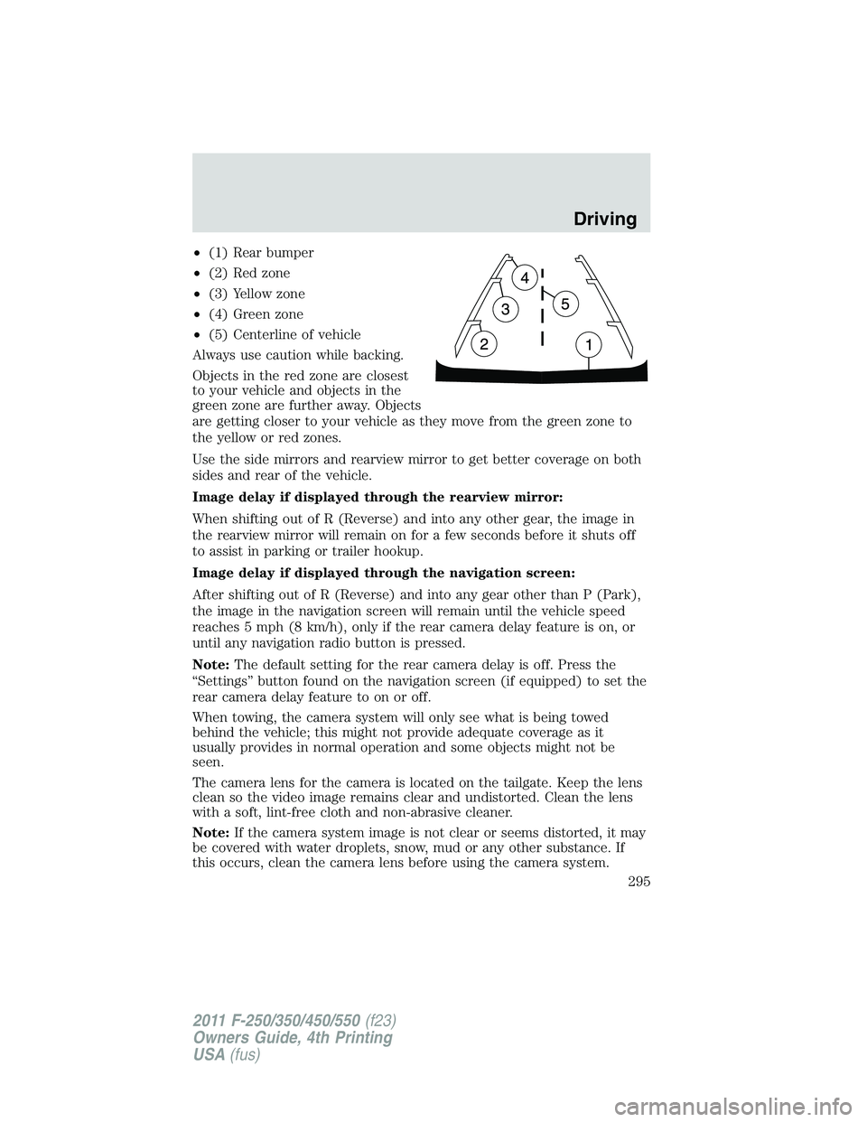 FORD F250 2011 Owners Manual •(1) Rear bumper
•(2) Red zone
•(3) Yellow zone
•(4) Green zone
•(5) Centerline of vehicle
Always use caution while backing.
Objects in the red zone are closest
to your vehicle and objects i FORD F250 2011 Owners Manual •(1) Rear bumper
•(2) Red zone
•(3) Yellow zone
•(4) Green zone
•(5) Centerline of vehicle
Always use caution while backing.
Objects in the red zone are closest
to your vehicle and objects i
