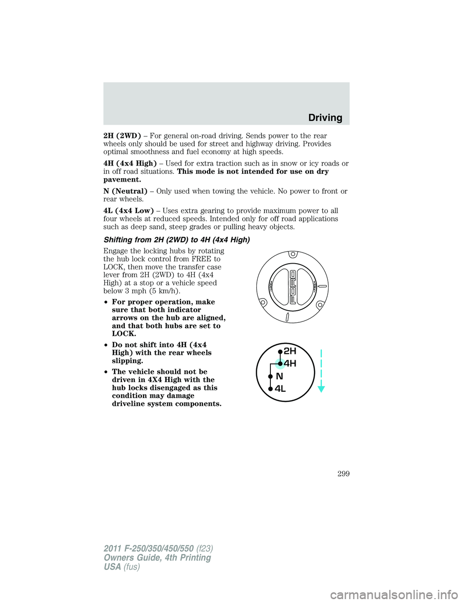 FORD F250 2011  Owners Manual 2H (2WD)– For general on-road driving. Sends power to the rear
wheels only should be used for street and highway driving. Provides
optimal smoothness and fuel economy at high speeds.
4H (4x4 High)