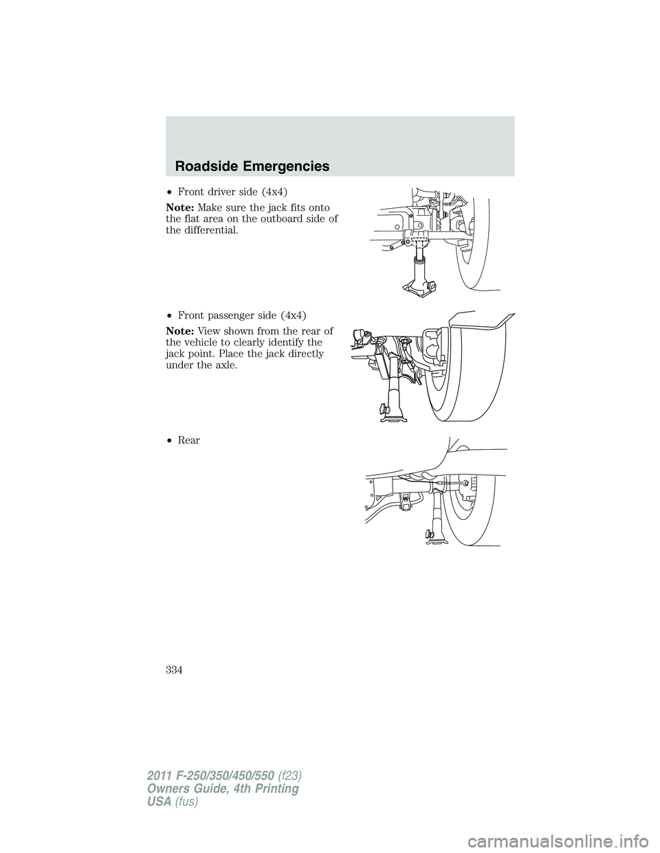 FORD F250 2011  Owners Manual •Front driver side (4x4)
Note:Make sure the jack fits onto
the flat area on the outboard side of
the differential.
•Front passenger side (4x4)
Note:View shown from the rear of
the vehicle to clear
