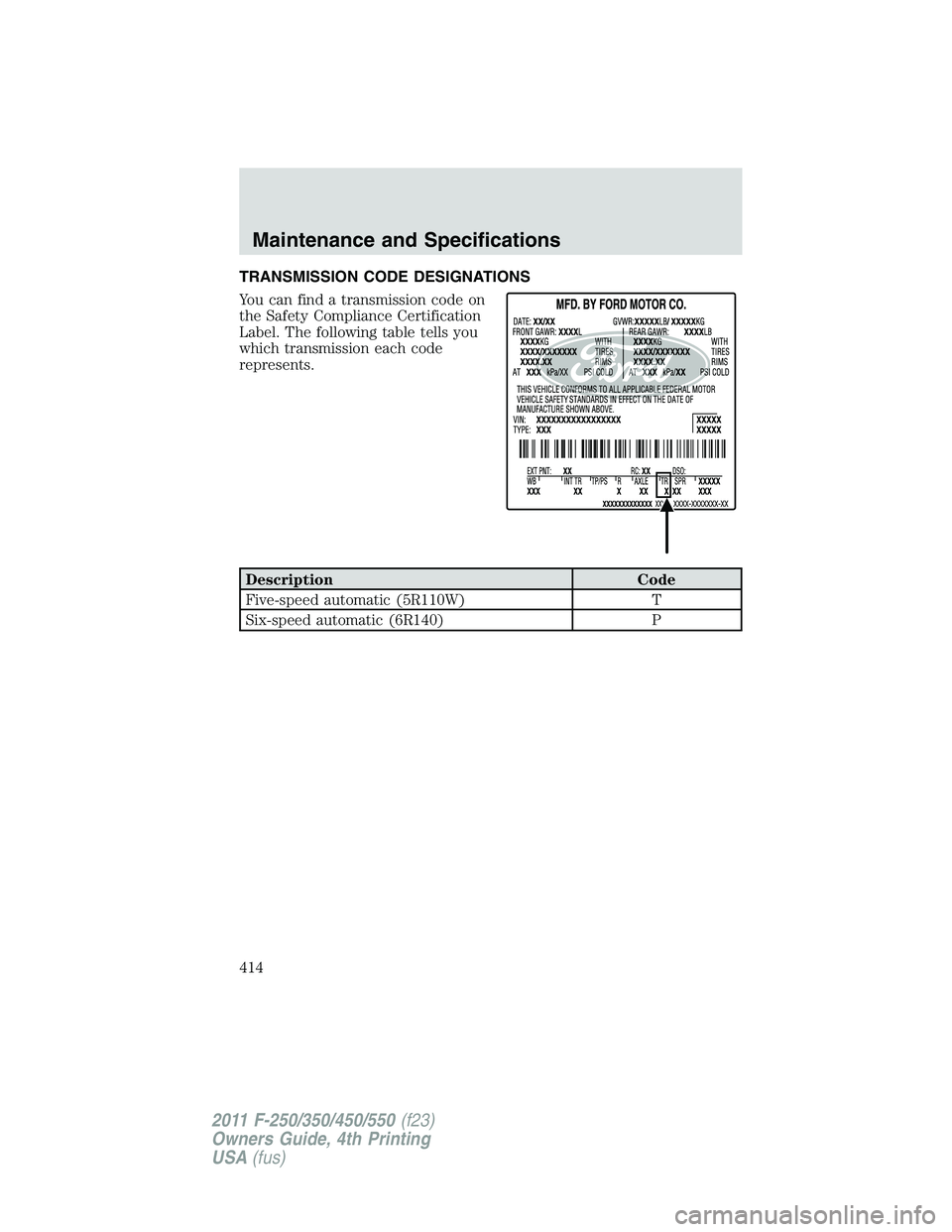 FORD F250 2011 Owners Manual TRANSMISSION CODE DESIGNATIONS
You can find a transmission code on
the Safety Compliance Certification
Label. The following table tells you
which transmission each code
represents.
Description Code
Fi FORD F250 2011 Owners Manual TRANSMISSION CODE DESIGNATIONS
You can find a transmission code on
the Safety Compliance Certification
Label. The following table tells you
which transmission each code
represents.
Description Code
Fi
