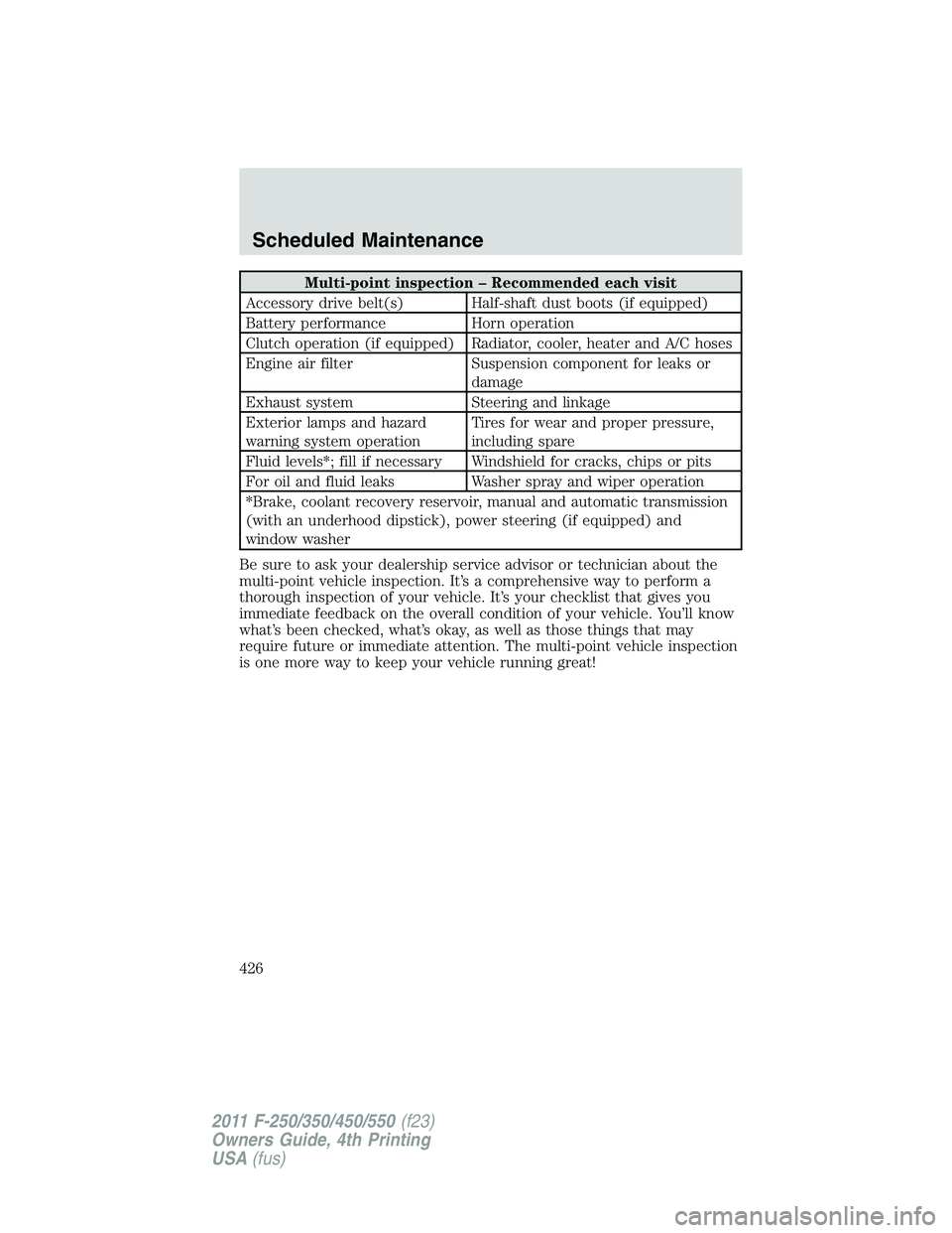 FORD F250 2011  Owners Manual Multi-point inspection – Recommended each visit
Accessory drive belt(s) Half-shaft dust boots (if equipped)
Battery performance Horn operation
Clutch operation (if equipped) Radiator, cooler, heater