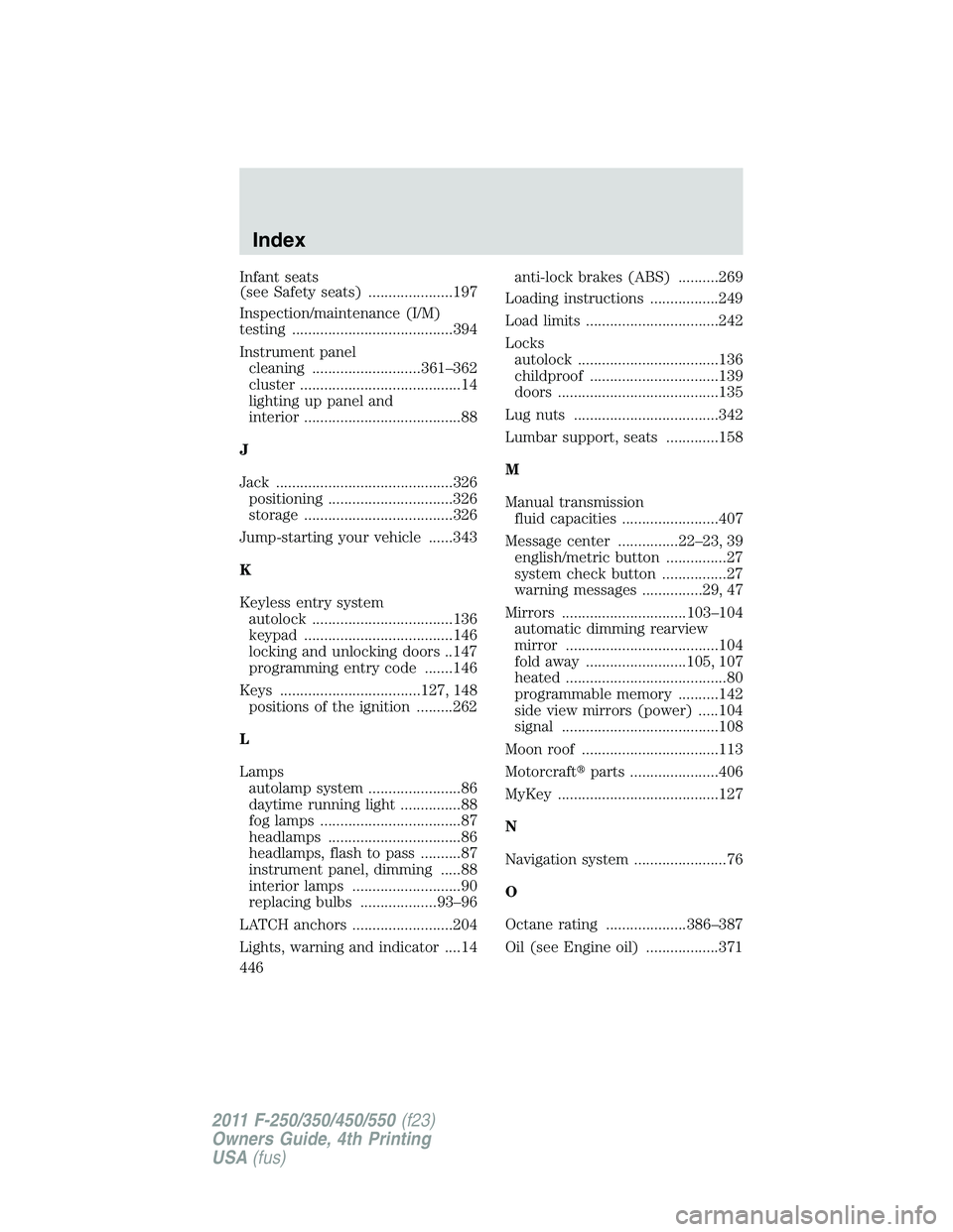 FORD F250 2011  Owners Manual Infant seats
(see Safety seats) .....................197
Inspection/maintenance (I/M)
testing ........................................394
Instrument panel
cleaning ...........................361–362