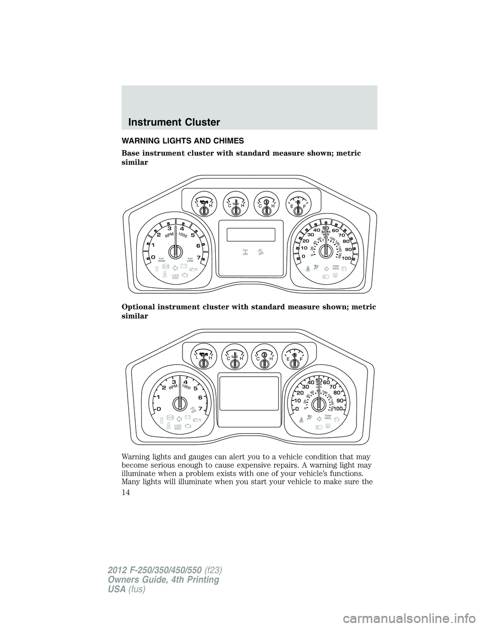 FORD F250 2012 User Guide WARNING LIGHTS AND CHIMES
Base instrument cluster with standard measure shown; metric
similar
Optional instrument cluster with standard measure shown; metric
similar
Warning lights and gauges can aler