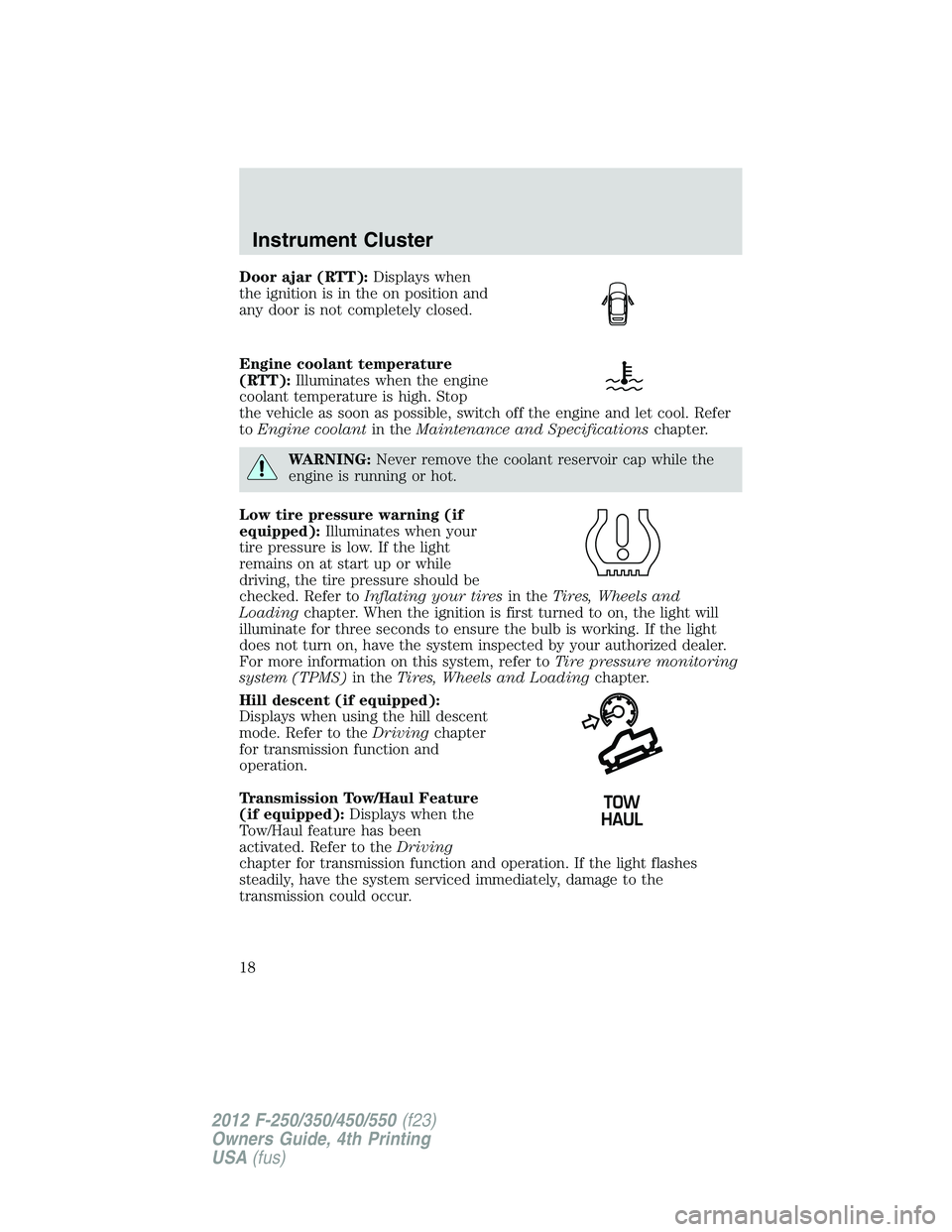 FORD F250 2012  Owners Manual Door ajar (RTT):Displays when
the ignition is in the on position and
any door is not completely closed.
Engine coolant temperature
(RTT):Illuminates when the engine
coolant temperature is high. Stop
t