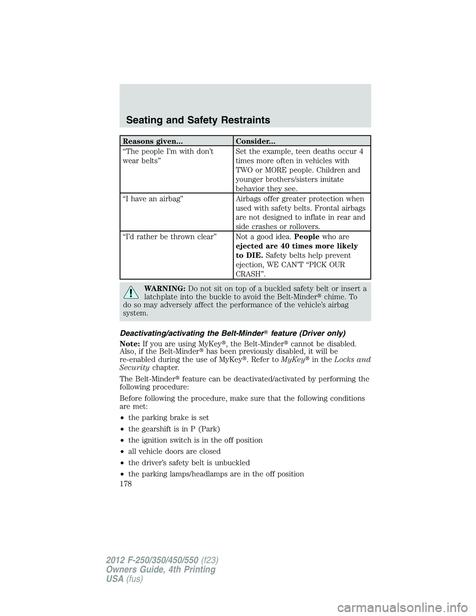 FORD F250 2012  Owners Manual Reasons given... Consider...
“The people I’m with don’t
wear belts”Set the example, teen deaths occur 4
times more often in vehicles with
TWO or MORE people. Children and
younger brothers/sist