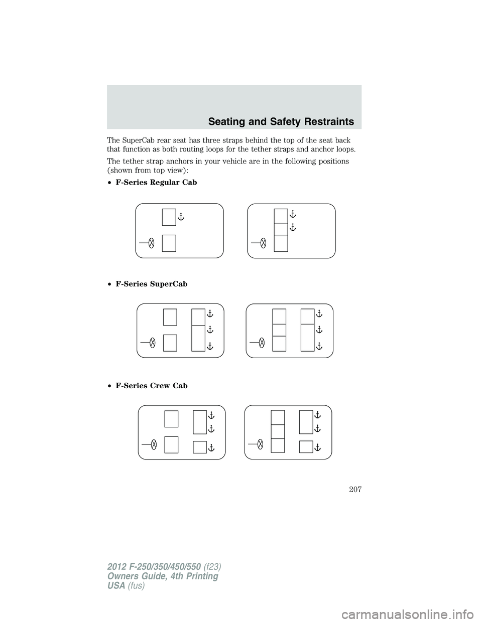 FORD F250 2012  Owners Manual The SuperCab rear seat has three straps behind the top of the seat back
that function as both routing loops for the tether straps and anchor loops.
The tether strap anchors in your vehicle are in the 