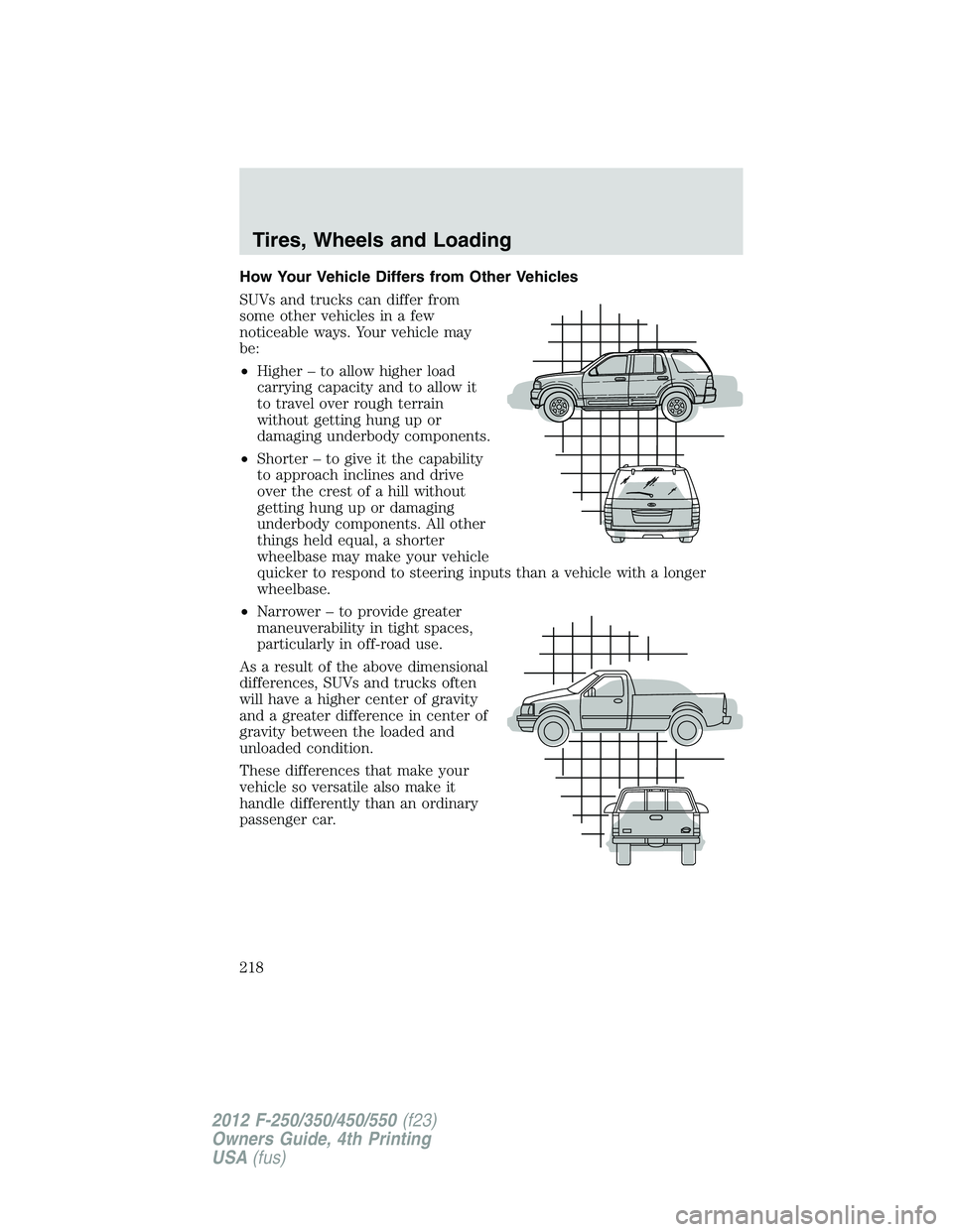 FORD F250 2012  Owners Manual How Your Vehicle Differs from Other Vehicles
SUVs and trucks can differ from
some other vehicles in a few
noticeable ways. Your vehicle may
be:
•Higher – to allow higher load
carrying capacity and