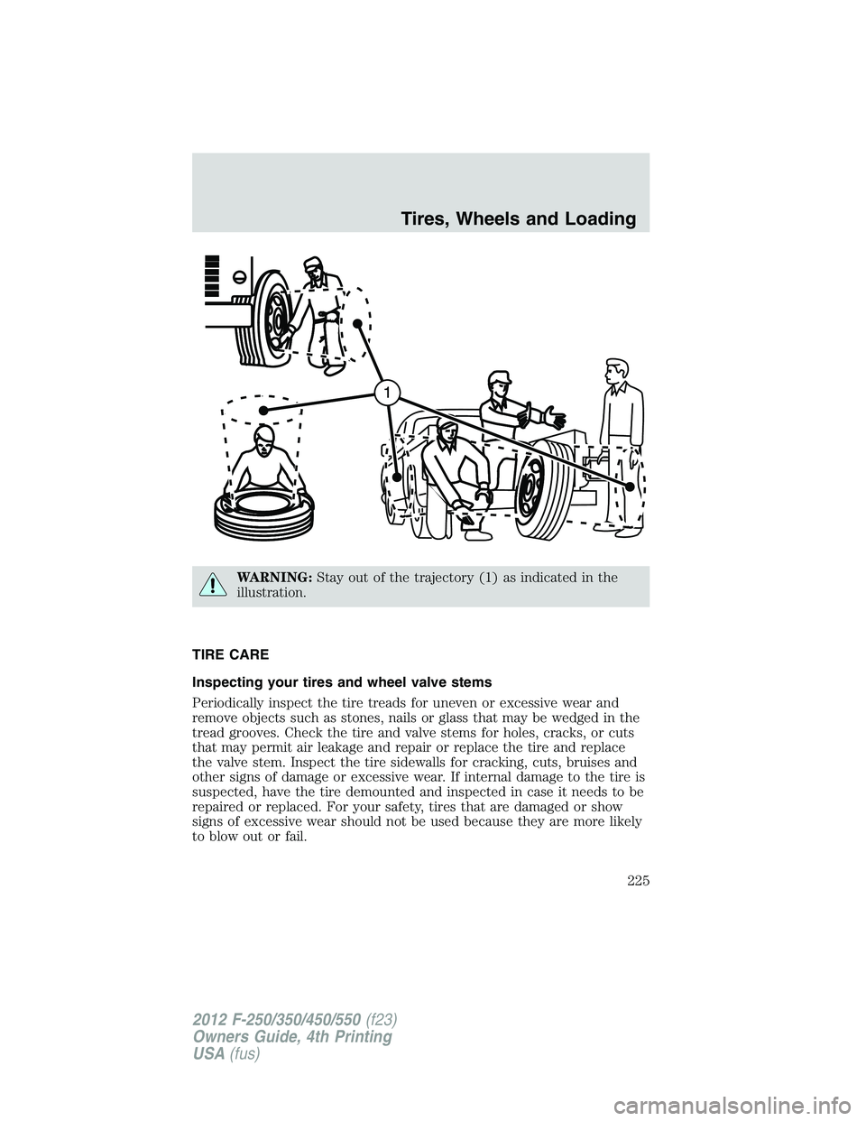 FORD F250 2012  Owners Manual WARNING:Stay out of the trajectory (1) as indicated in the
illustration.
TIRE CARE
Inspecting your tires and wheel valve stems
Periodically inspect the tire treads for uneven or excessive wear and
rem