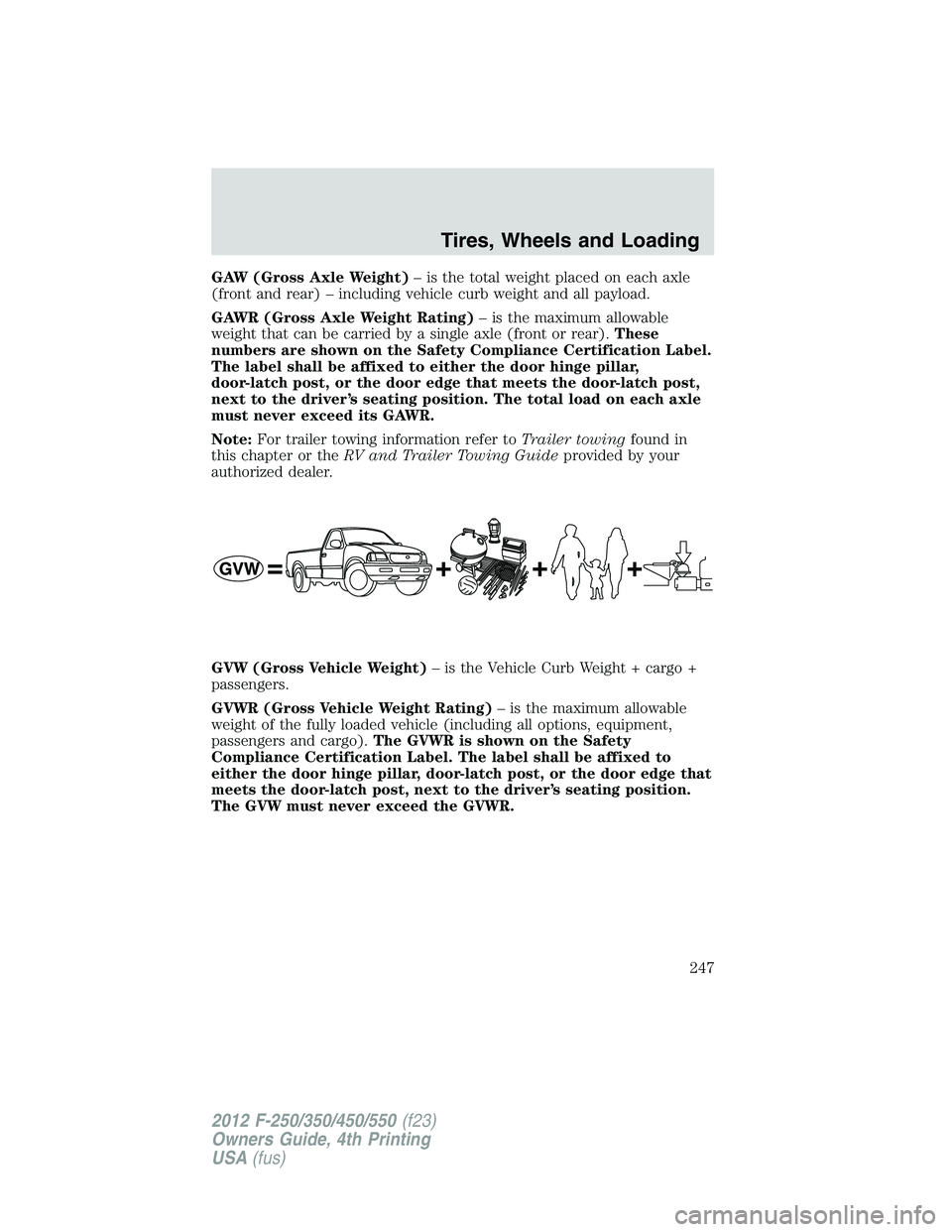 FORD F250 2012  Owners Manual GAW (Gross Axle Weight)– is the total weight placed on each axle
(front and rear) – including vehicle curb weight and all payload.
GAWR (Gross Axle Weight Rating)– is the maximum allowable
weigh