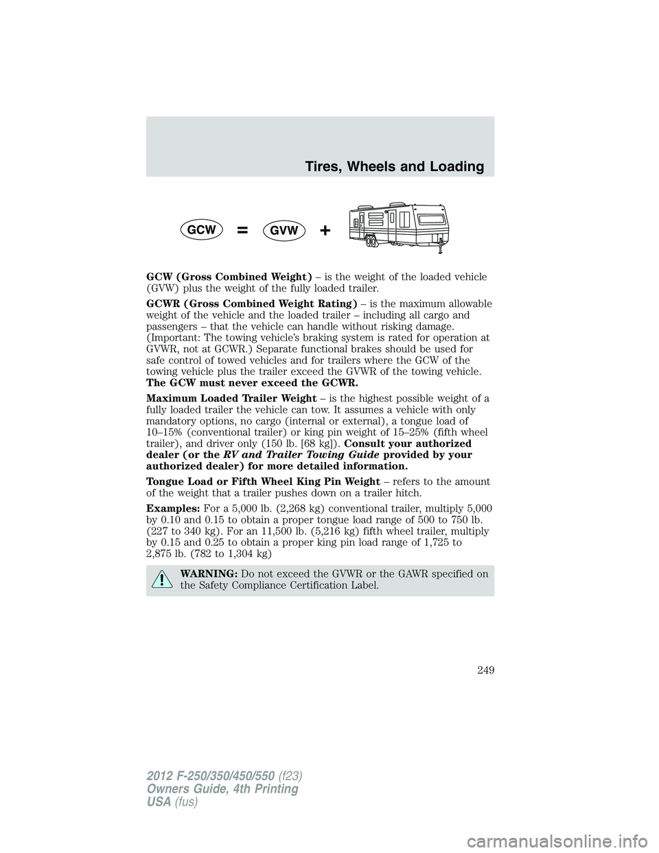 FORD F250 2012  Owners Manual GCW (Gross Combined Weight)– is the weight of the loaded vehicle
(GVW) plus the weight of the fully loaded trailer.
GCWR (Gross Combined Weight Rating)– is the maximum allowable
weight of the vehi