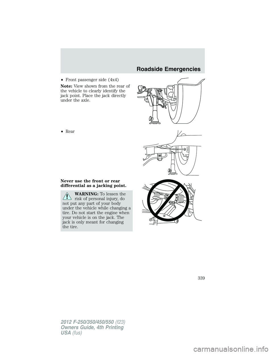 FORD F250 2012  Owners Manual •Front passenger side (4x4)
Note:View shown from the rear of
the vehicle to clearly identify the
jack point. Place the jack directly
under the axle.
•Rear
Never use the front or rear
differential 
