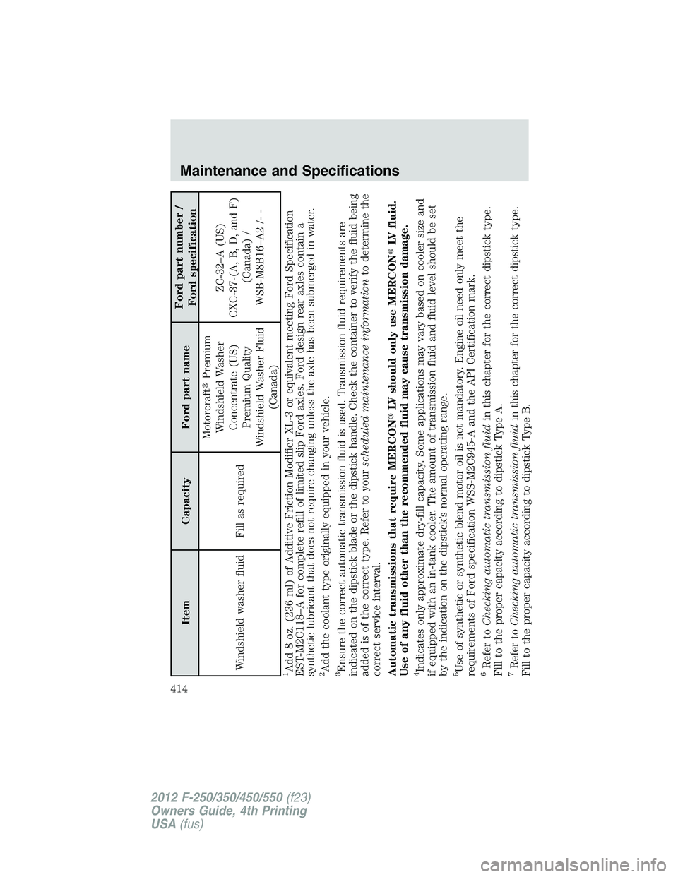 FORD F250 2012  Owners Manual Item Capacity Ford part nameFord part number /
Ford specification
Windshield washer fluid Fill as requiredMotorcraftPremium
Windshield Washer
Concentrate (US)
Premium Quality
Windshield Washer Fluid
