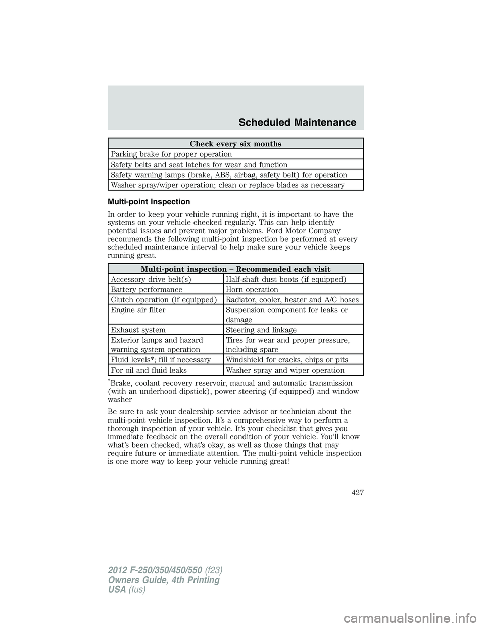 FORD F250 2012  Owners Manual Check every six months
Parking brake for proper operation
Safety belts and seat latches for wear and function
Safety warning lamps (brake, ABS, airbag, safety belt) for operation
Washer spray/wiper op