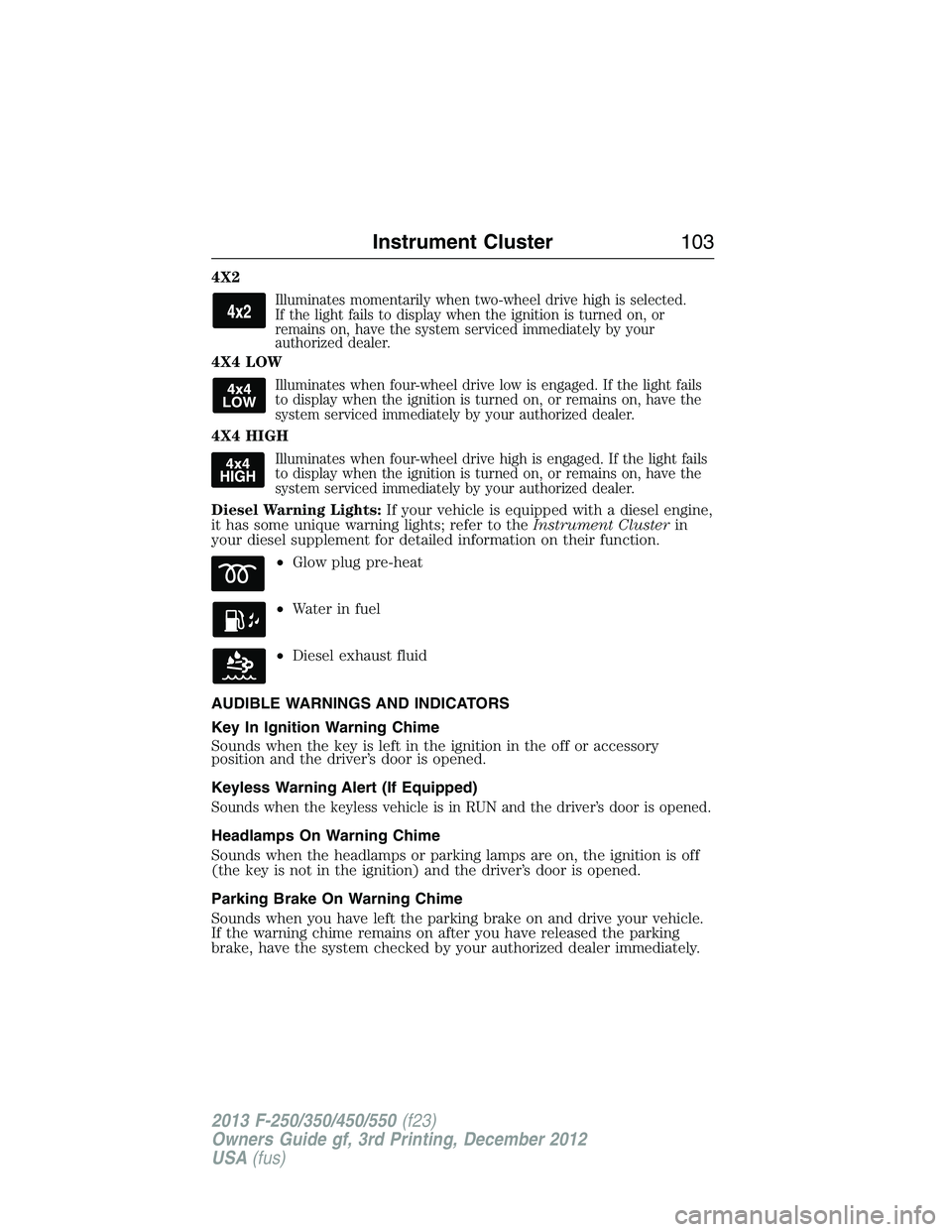 FORD F250 2013 Owners Manual 4X2
Illuminates momentarily when two-wheel drive high is selected.
If the light fails to display when the ignition is turned on, or
remains on, have the system serviced immediately by your
authorized FORD F250 2013 Owners Manual 4X2
Illuminates momentarily when two-wheel drive high is selected.
If the light fails to display when the ignition is turned on, or
remains on, have the system serviced immediately by your
authorized