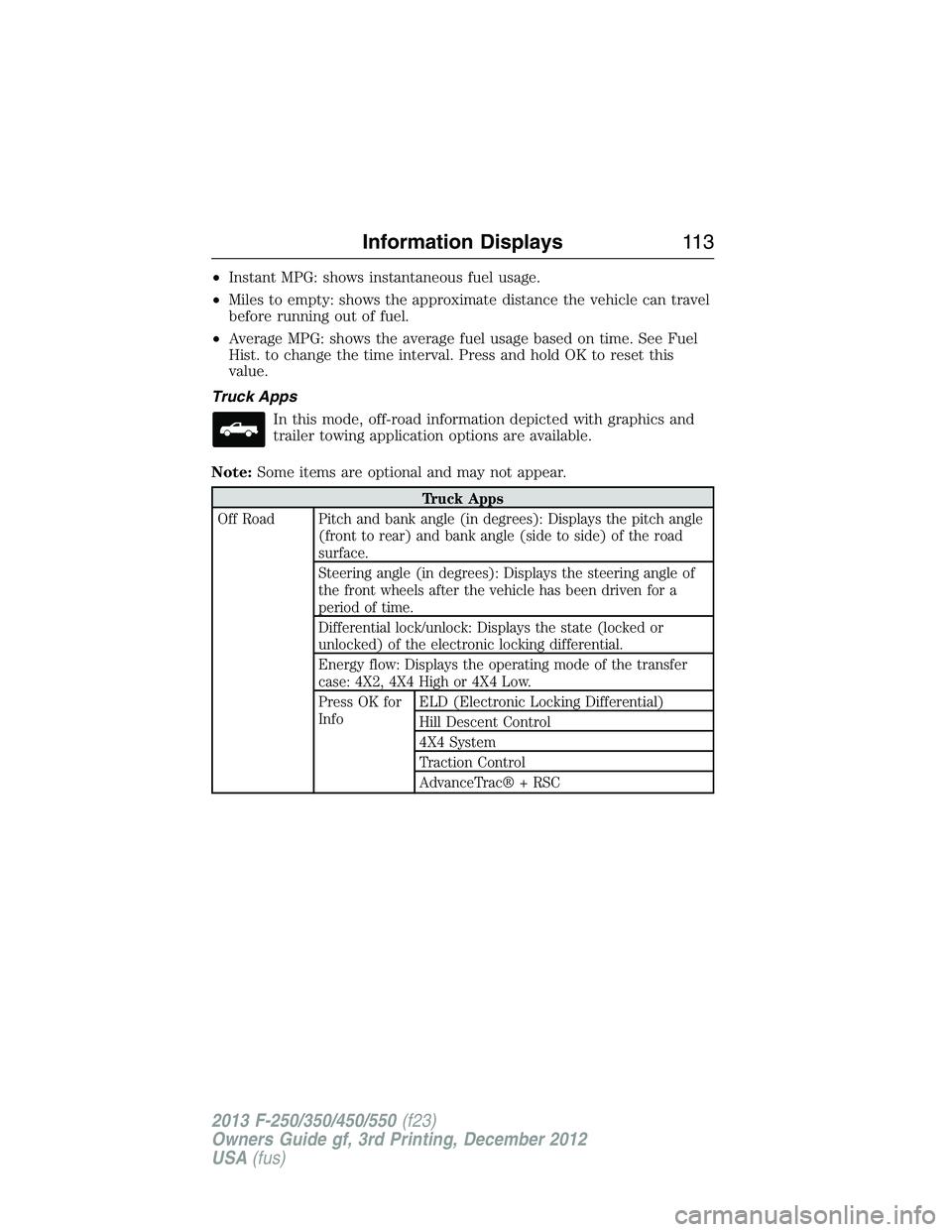 FORD F250 2013  Owners Manual •Instant MPG: shows instantaneous fuel usage.
•Miles to empty: shows the approximate distance the vehicle can travel
before running out of fuel.
•Average MPG: shows the average fuel usage based 