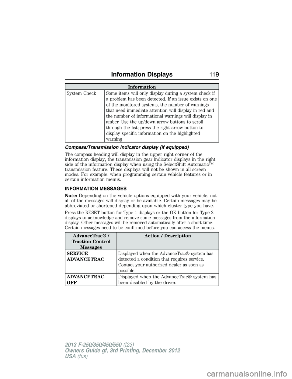 FORD F250 2013  Owners Manual Information
System Check
Some items will only display during a system check if
a problem has been detected. If an issue exists on one
of the monitored systems, the number of warnings
that need immedia