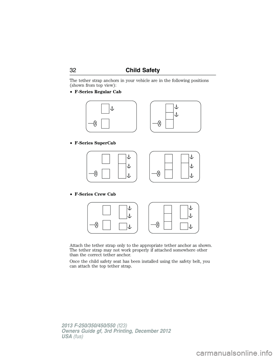 FORD F250 2013 Owners Guide The tether strap anchors in your vehicle are in the following positions
(shown from top view):
•F-Series Regular Cab
•F-Series SuperCab
•F-Series Crew Cab
Attach the tether strap only to the app