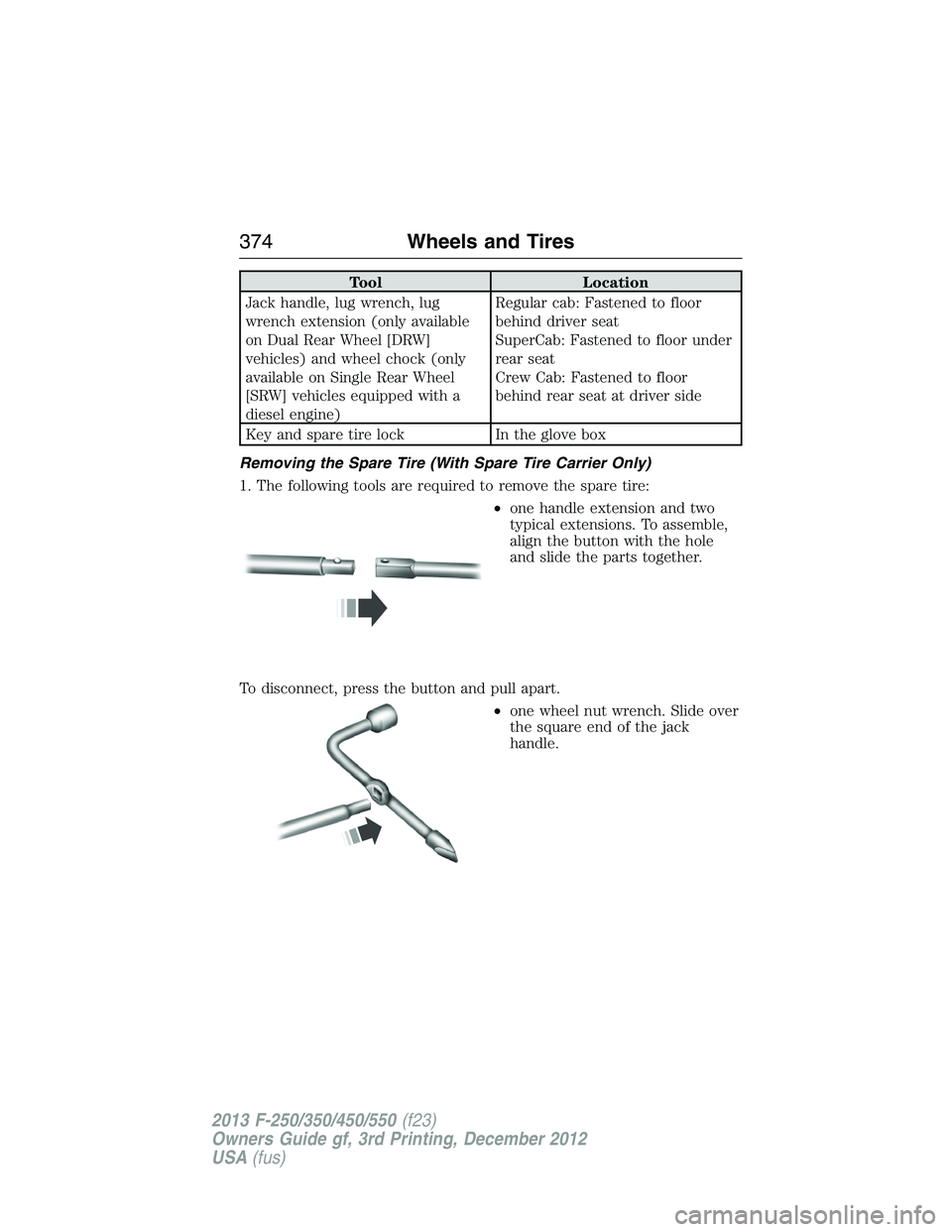 FORD F250 2013  Owners Manual Tool Location
Jack handle, lug wrench, lug
wrench extension (only available
on Dual Rear Wheel [DRW]
vehicles) and wheel chock (only
available on Single Rear Wheel
[SRW] vehicles equipped with a
diese