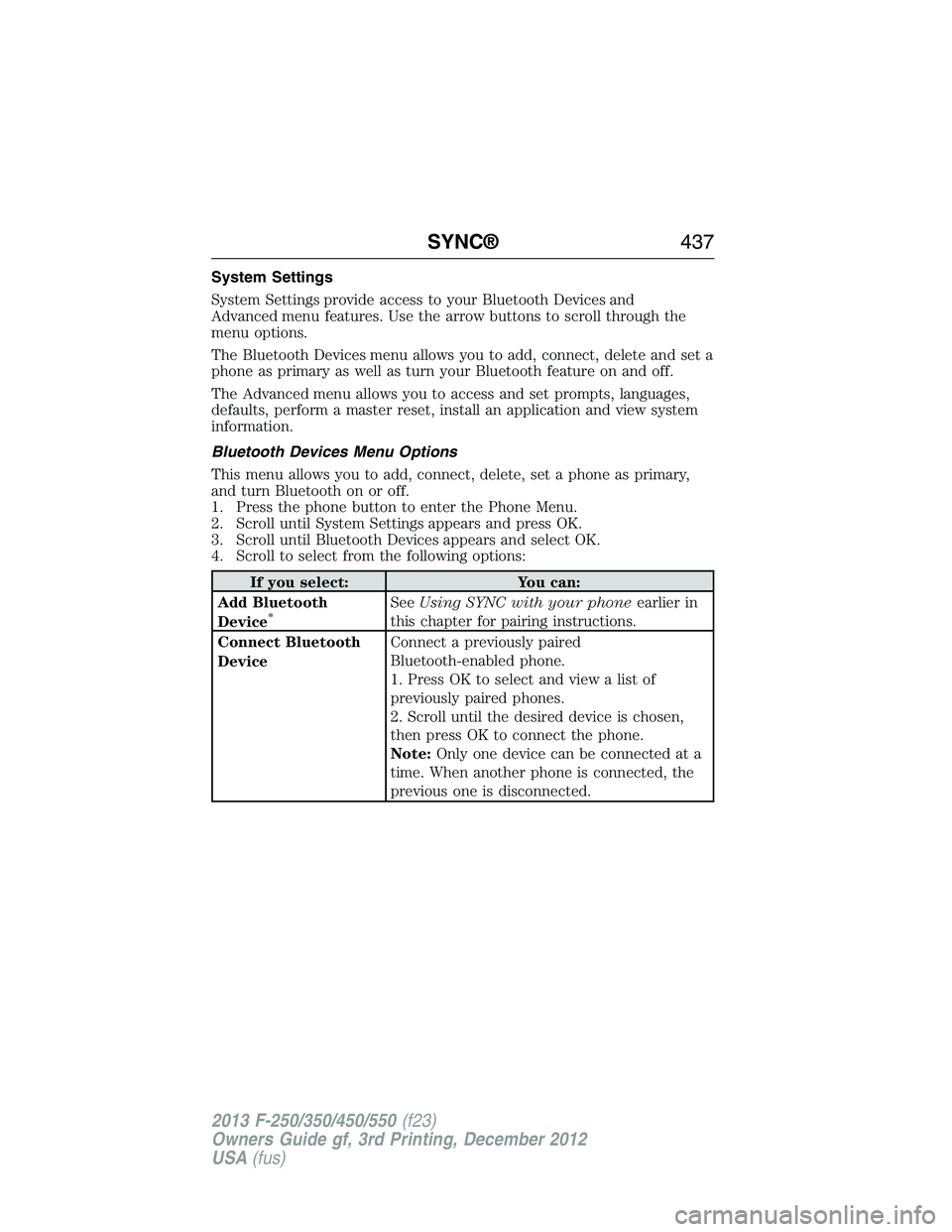 FORD F250 2013  Owners Manual System Settings
System Settings provide access to your Bluetooth Devices and
Advanced menu features. Use the arrow buttons to scroll through the
menu options.
The Bluetooth Devices menu allows you to 