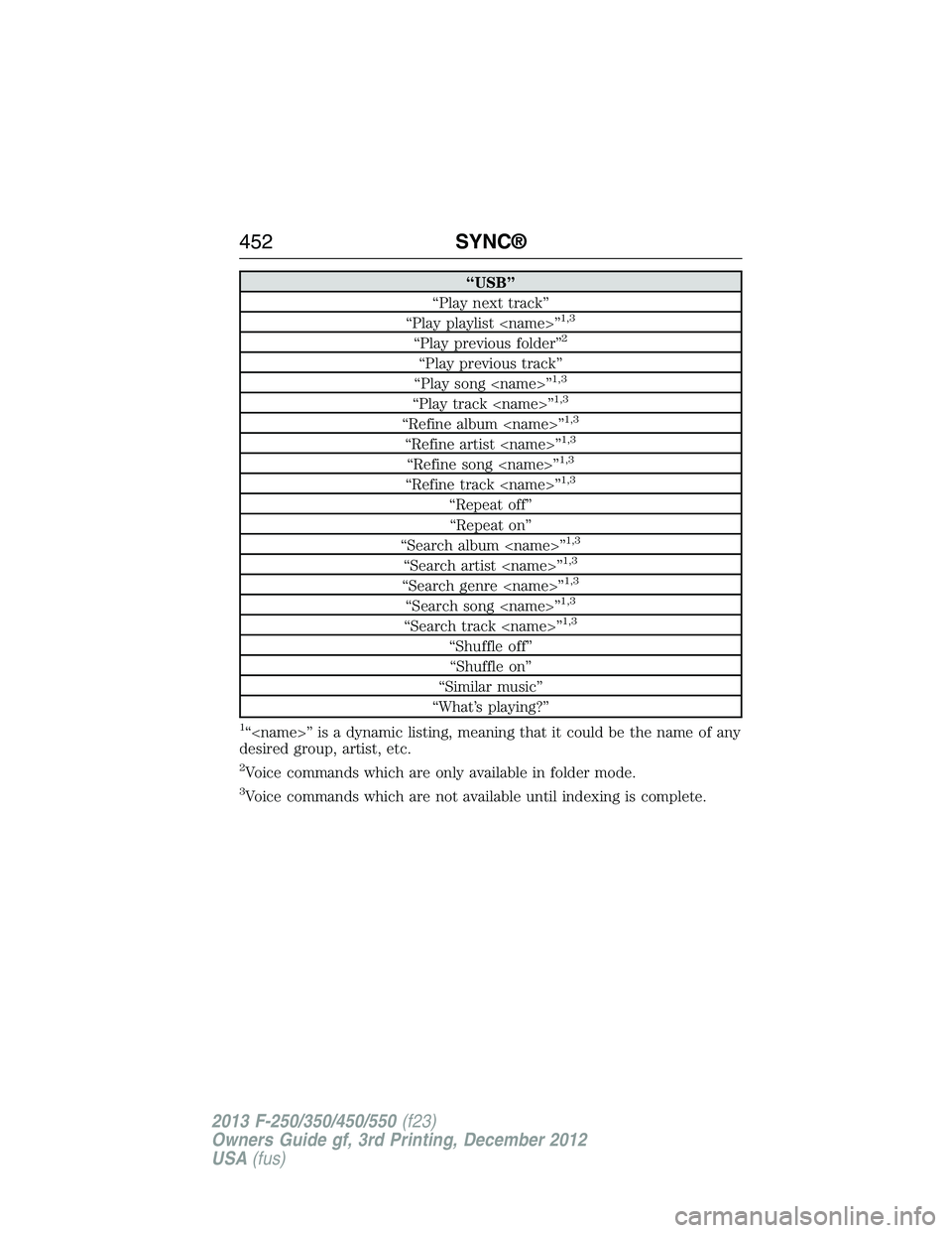 FORD F250 2013  Owners Manual “USB”
“Play next track”
“Play playlist <name>”
1,3
“Play previous folder”2
“Play previous track”
“Play song <name>”1,3
“Play track <name>”1,3
“Refine album <name>”1,3
