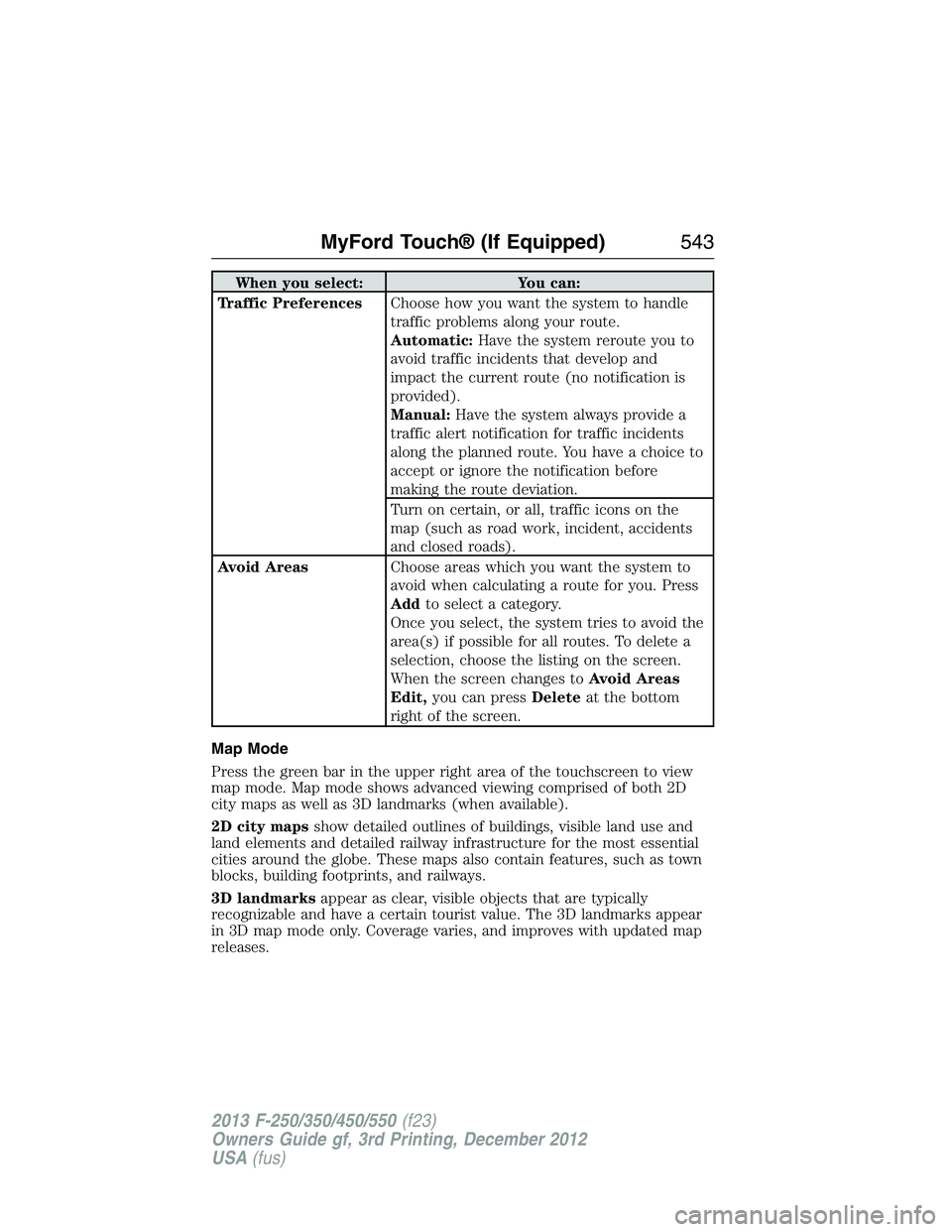 FORD F250 2013  Owners Manual When you select: You can:
Traffic PreferencesChoose how you want the system to handle
traffic problems along your route.
Automatic:Have the system reroute you to
avoid traffic incidents that develop a