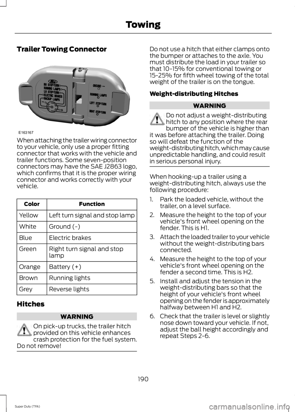 FORD F250 2014 Owners Manual Trailer Towing Connector
When attaching the trailer wiring connector
to your vehicle, only use a proper fitting
connector that works with the vehicle and
trailer functions. Some seven-position
connect FORD F250 2014 Owners Manual Trailer Towing Connector
When attaching the trailer wiring connector
to your vehicle, only use a proper fitting
connector that works with the vehicle and
trailer functions. Some seven-position
connect