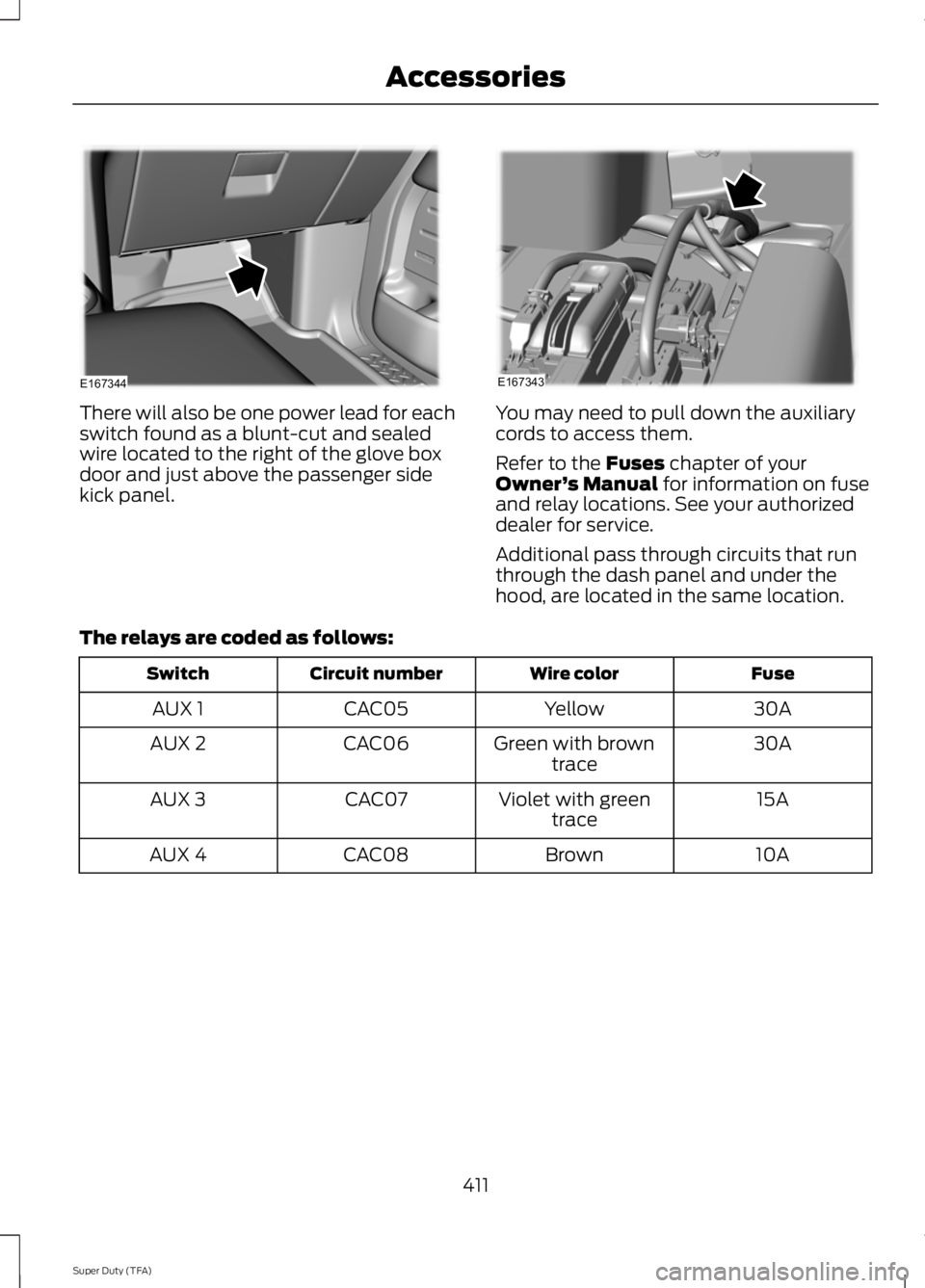 FORD F250 2014 Owners Manual There will also be one power lead for each
switch found as a blunt-cut and sealed
wire located to the right of the glove box
door and just above the passenger side
kick panel. You may need to pull dow FORD F250 2014 Owners Manual There will also be one power lead for each
switch found as a blunt-cut and sealed
wire located to the right of the glove box
door and just above the passenger side
kick panel. You may need to pull dow