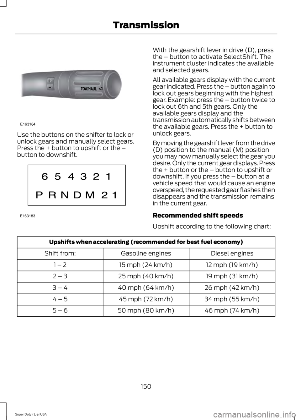 FORD F250 2015 Owners Manual Use the buttons on the shifter to lock or
unlock gears and manually select gears.
Press the + button to upshift or the –
button to downshift. With the gearshift lever in drive (D), press
the – but FORD F250 2015 Owners Manual Use the buttons on the shifter to lock or
unlock gears and manually select gears.
Press the + button to upshift or the –
button to downshift. With the gearshift lever in drive (D), press
the – but