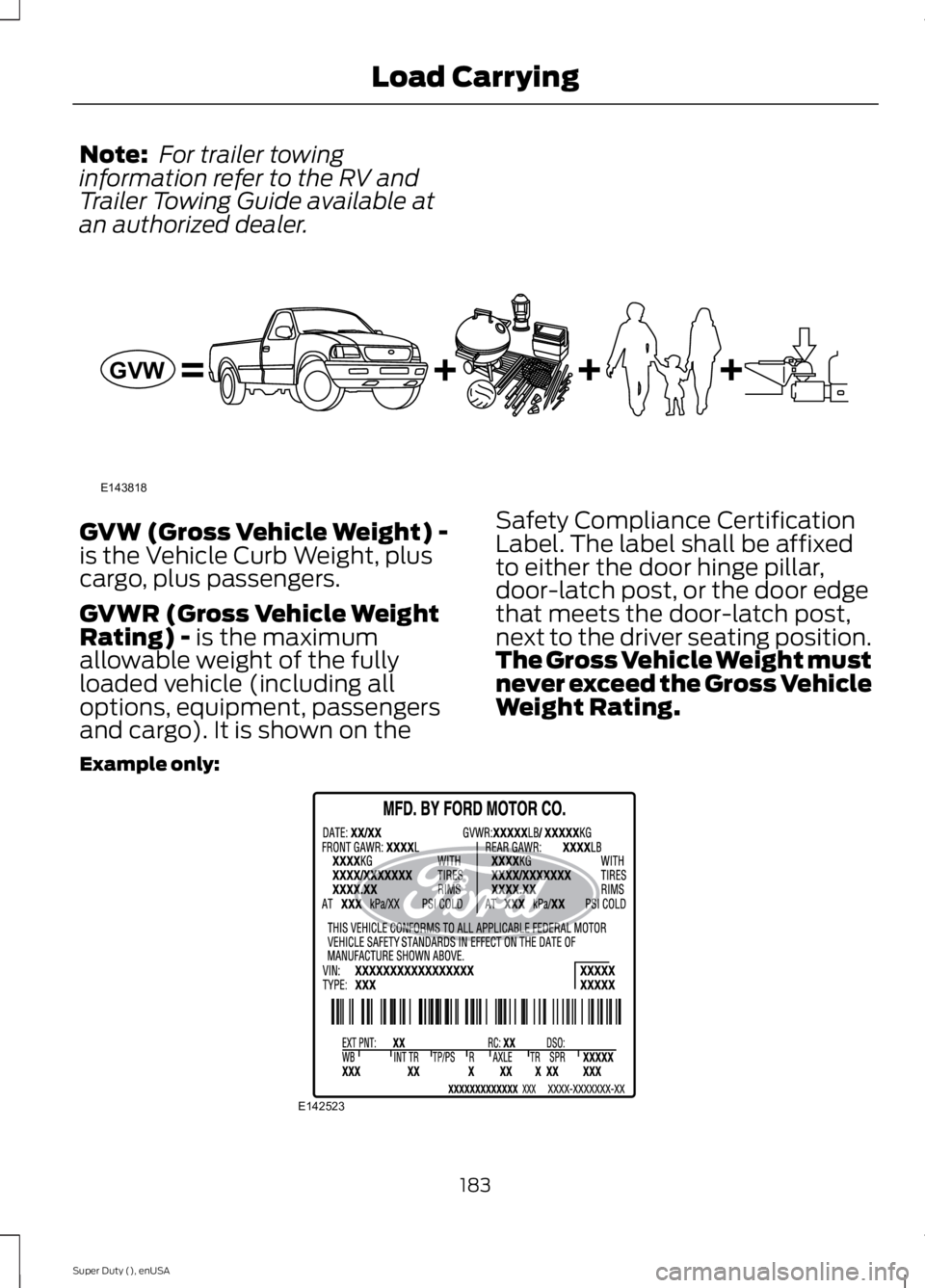FORD F250 2015 Owners Manual Note:
For trailer towing
information refer to the RV and
Trailer Towing Guide available at
an authorized dealer. GVW (Gross Vehicle Weight) -
is the Vehicle Curb Weight, plus
cargo, plus passengers.
FORD F250 2015 Owners Manual Note:
For trailer towing
information refer to the RV and
Trailer Towing Guide available at
an authorized dealer. GVW (Gross Vehicle Weight) -
is the Vehicle Curb Weight, plus
cargo, plus passengers.