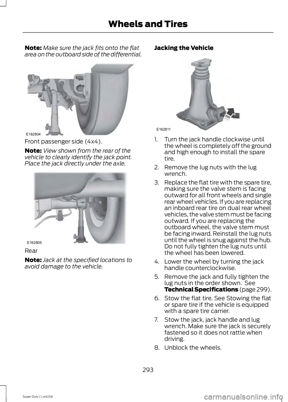 FORD F250 2015 Owners Manual Note:
Make sure the jack fits onto the flat
area on the outboard side of the differential. Front passenger side (4x4).
Note:
View shown from the rear of the
vehicle to clearly identify the jack point. FORD F250 2015 Owners Manual Note:
Make sure the jack fits onto the flat
area on the outboard side of the differential. Front passenger side (4x4).
Note:
View shown from the rear of the
vehicle to clearly identify the jack point.
