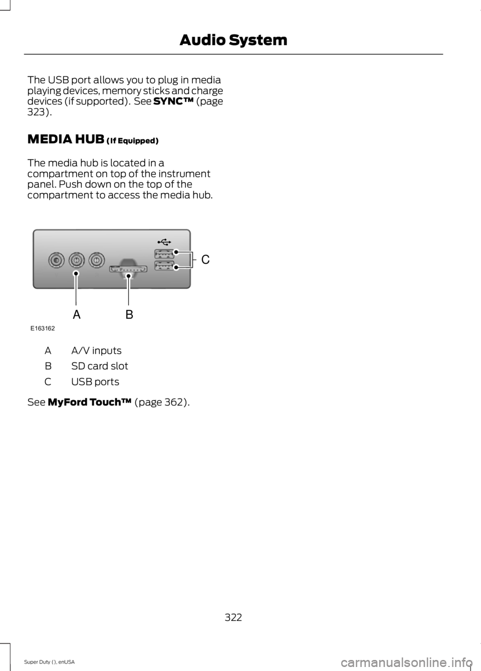 FORD F250 2015 Owners Manual The USB port allows you to plug in media
playing devices, memory sticks and charge
devices (if supported). See SYNC™ (page
323).
MEDIA HUB
(If Equipped)
The media hub is located in a
compartment o FORD F250 2015 Owners Manual The USB port allows you to plug in media
playing devices, memory sticks and charge
devices (if supported). See SYNC™ (page
323).
MEDIA HUB
(If Equipped)
The media hub is located in a
compartment o