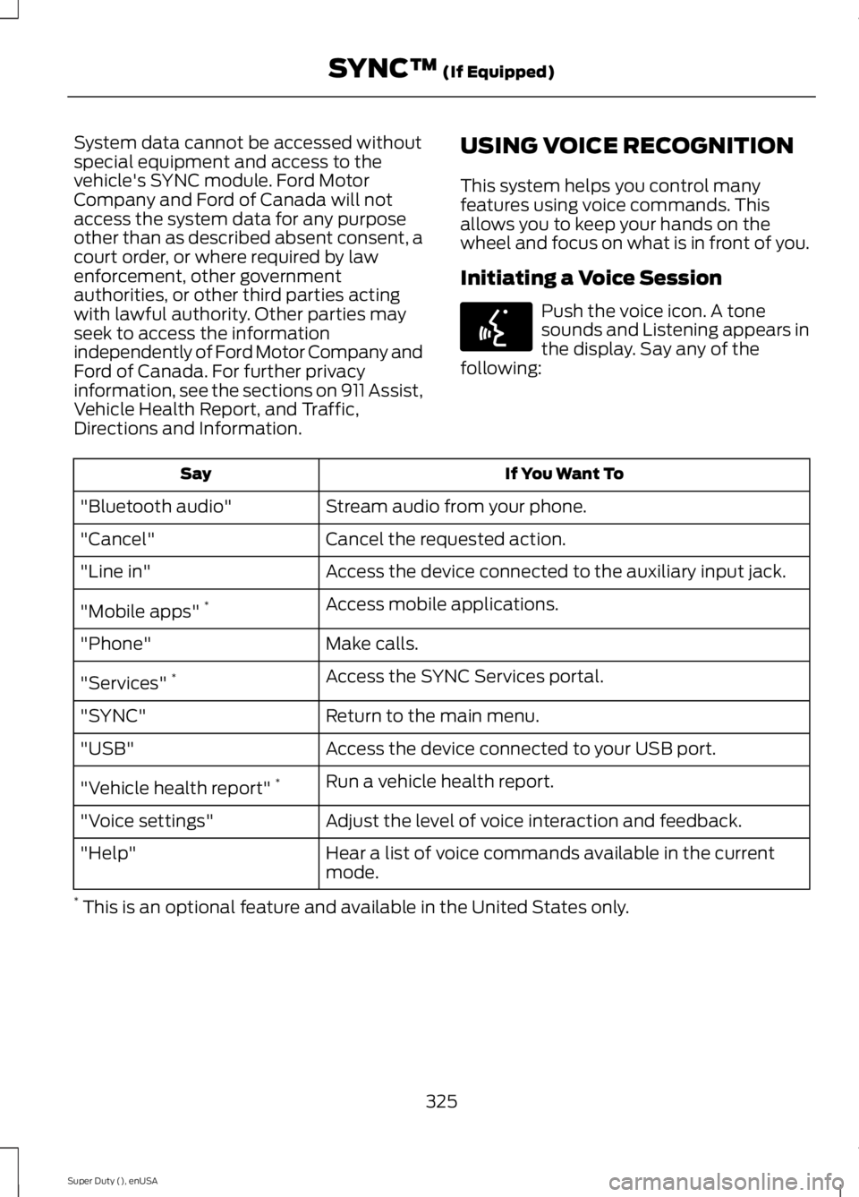 FORD F250 2015 Owners Manual System data cannot be accessed without
special equipment and access to the
vehicle's SYNC module. Ford Motor
Company and Ford of Canada will not
access the system data for any purpose
other than a FORD F250 2015 Owners Manual System data cannot be accessed without
special equipment and access to the
vehicle's SYNC module. Ford Motor
Company and Ford of Canada will not
access the system data for any purpose
other than a