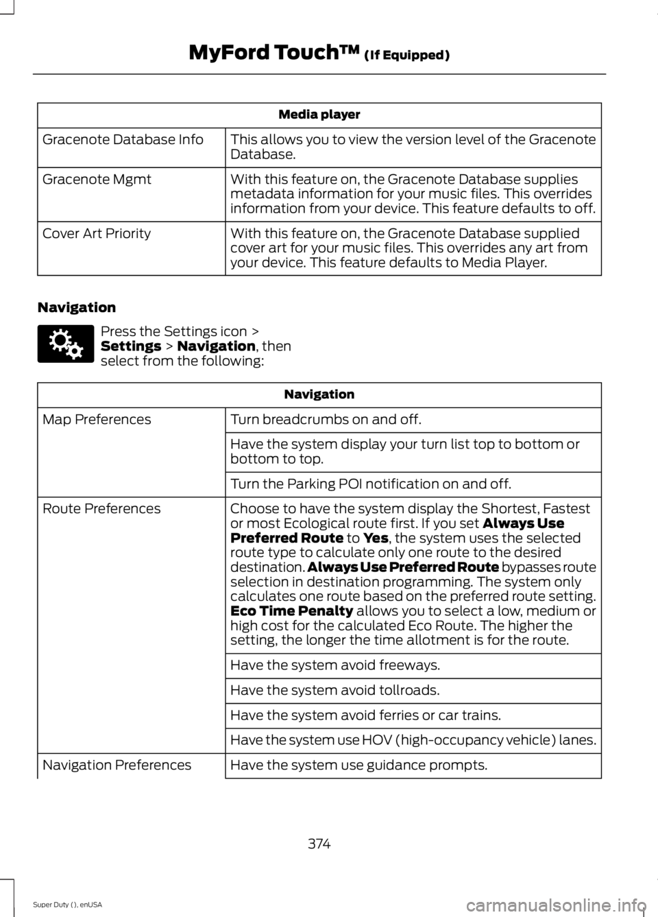 FORD F250 2015 Owners Manual Media player
This allows you to view the version level of the Gracenote
Database.
Gracenote Database Info
With this feature on, the Gracenote Database supplies
metadata information for your music file FORD F250 2015 Owners Manual Media player
This allows you to view the version level of the Gracenote
Database.
Gracenote Database Info
With this feature on, the Gracenote Database supplies
metadata information for your music file