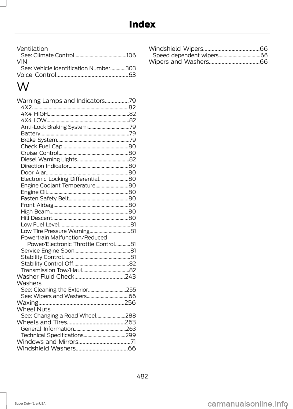 FORD F250 2015  Owners Manual Ventilation
See: Climate Control......................................... 106
VIN See: Vehicle Identification Number............303
Voice Control...................................................63
W