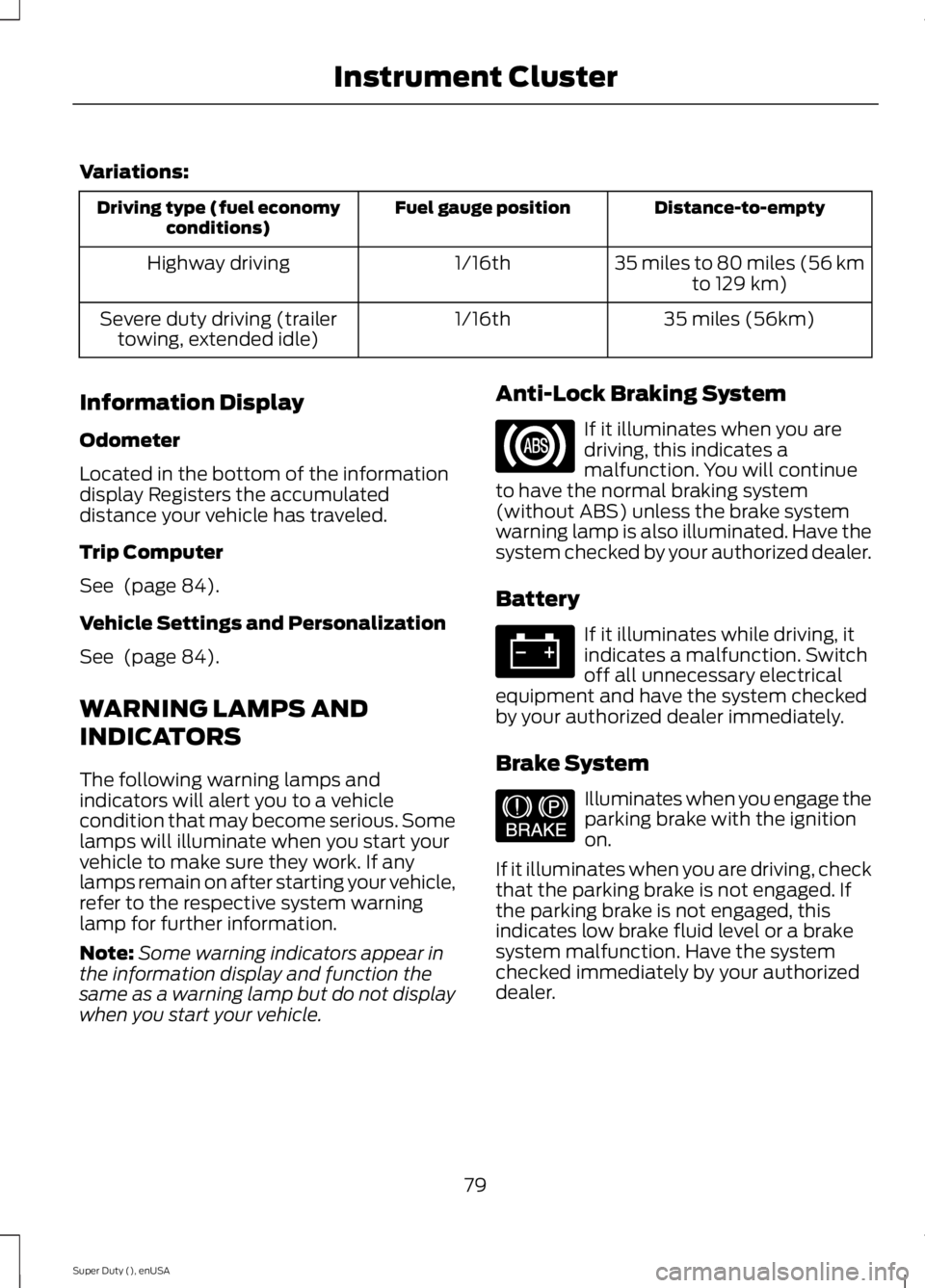 FORD F250 2015 Manual Online Variations:
Distance-to-empty
Fuel gauge position
Driving type (fuel economy
conditions)
35 miles to 80 miles (56 kmto 129 km)
1/16th
Highway driving
35 miles (56km)
1/16th
Severe duty driving (traile FORD F250 2015 Manual Online Variations:
Distance-to-empty
Fuel gauge position
Driving type (fuel economy
conditions)
35 miles to 80 miles (56 kmto 129 km)
1/16th
Highway driving
35 miles (56km)
1/16th
Severe duty driving (traile
