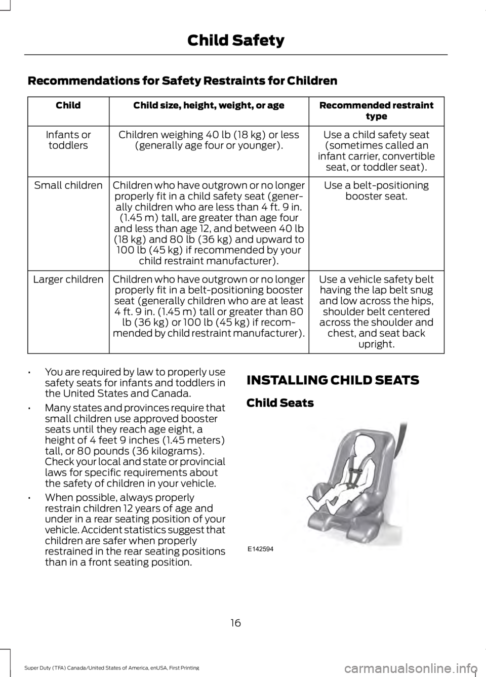 FORD F250 2016 User Guide Recommendations for Safety Restraints for Children
Recommended restraint
type
Child size, height, weight, or age
Child
Use a child safety seat(sometimes called an
infant carrier, convertible seat, or FORD F250 2016 User Guide Recommendations for Safety Restraints for Children
Recommended restraint
type
Child size, height, weight, or age
Child
Use a child safety seat(sometimes called an
infant carrier, convertible seat, or