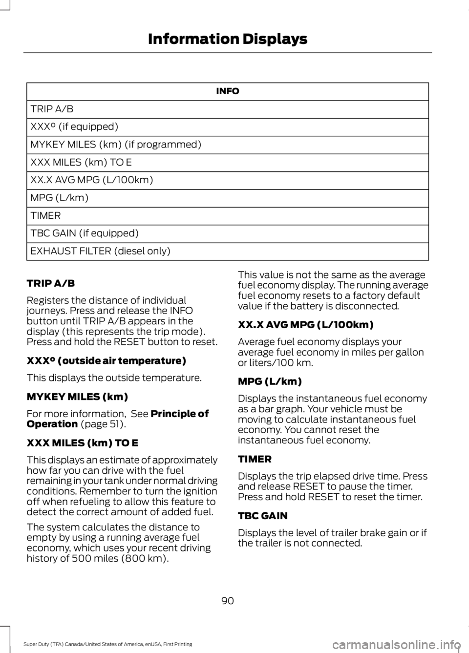 FORD F250 2016 Owners Manual INFO
TRIP A/B
XXX° (if equipped)
MYKEY MILES (km) (if programmed)
XXX MILES (km) TO E
XX.X AVG MPG (L/100km)
MPG (L/km)
TIMER
TBC GAIN (if equipped)
EXHAUST FILTER (diesel only)
TRIP A/B
Registers th FORD F250 2016 Owners Manual INFO
TRIP A/B
XXX° (if equipped)
MYKEY MILES (km) (if programmed)
XXX MILES (km) TO E
XX.X AVG MPG (L/100km)
MPG (L/km)
TIMER
TBC GAIN (if equipped)
EXHAUST FILTER (diesel only)
TRIP A/B
Registers th