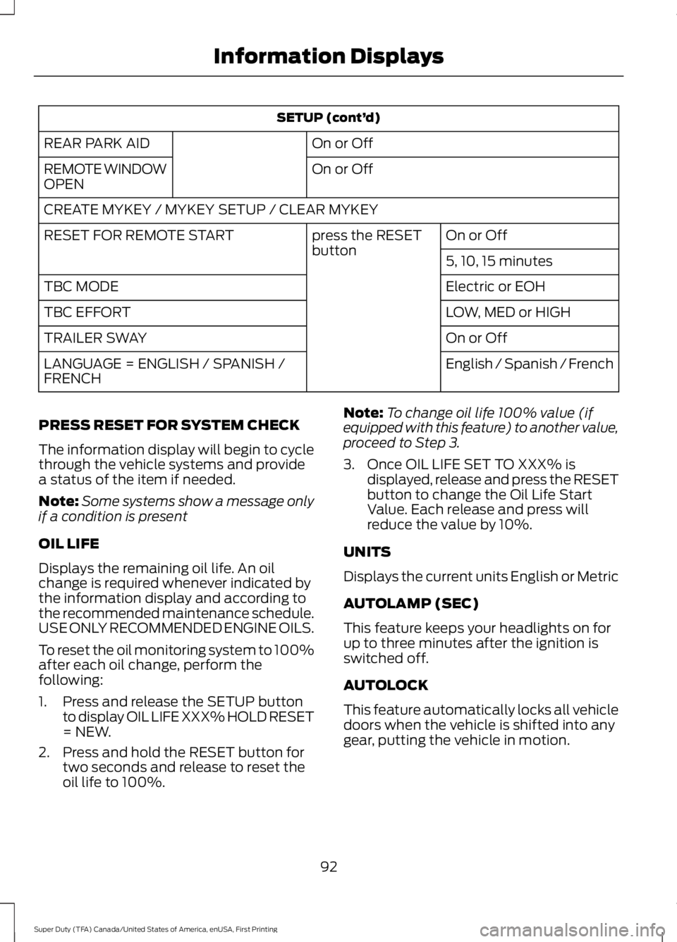 FORD F250 2016 Owners Manual SETUP (cont’
d)
On or Off
REAR PARK AID
On or Off
REMOTE WINDOW
OPEN
CREATE MYKEY / MYKEY SETUP / CLEAR MYKEY
On or Off
press the RESET
button
RESET FOR REMOTE START
5, 10, 15 minutes
Electric or EO FORD F250 2016 Owners Manual SETUP (cont’
d)
On or Off
REAR PARK AID
On or Off
REMOTE WINDOW
OPEN
CREATE MYKEY / MYKEY SETUP / CLEAR MYKEY
On or Off
press the RESET
button
RESET FOR REMOTE START
5, 10, 15 minutes
Electric or EO
