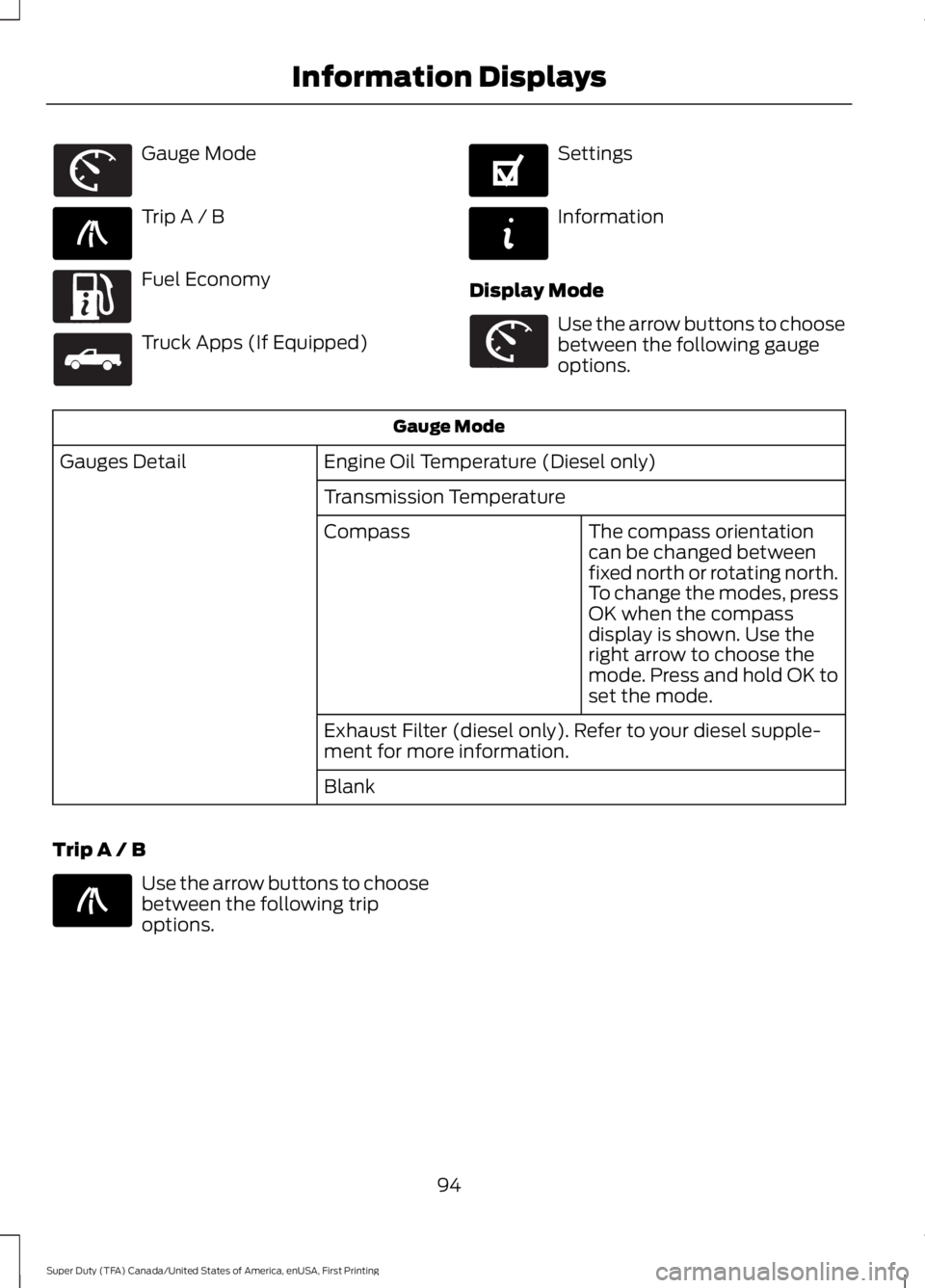 FORD F250 2016 Owners Manual Gauge Mode
Trip A / B
Fuel Economy
Truck Apps (If Equipped) Settings
Information
Display Mode Use the arrow buttons to choose
between the following gauge
options.
Gauge Mode
Engine Oil Temperature (Di FORD F250 2016 Owners Manual Gauge Mode
Trip A / B
Fuel Economy
Truck Apps (If Equipped) Settings
Information
Display Mode Use the arrow buttons to choose
between the following gauge
options.
Gauge Mode
Engine Oil Temperature (Di