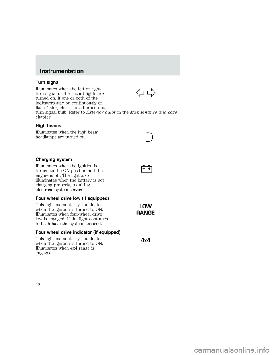 FORD F250 SUPER DUTY 1999 User Guide Turn signal
Illuminates when the left or right
turn signal or the hazard lights are
turned on. If one or both of the
indicators stay on continuously or
flash faster, check for a burned-out
turn signal FORD F250 SUPER DUTY 1999 User Guide Turn signal
Illuminates when the left or right
turn signal or the hazard lights are
turned on. If one or both of the
indicators stay on continuously or
flash faster, check for a burned-out
turn signal