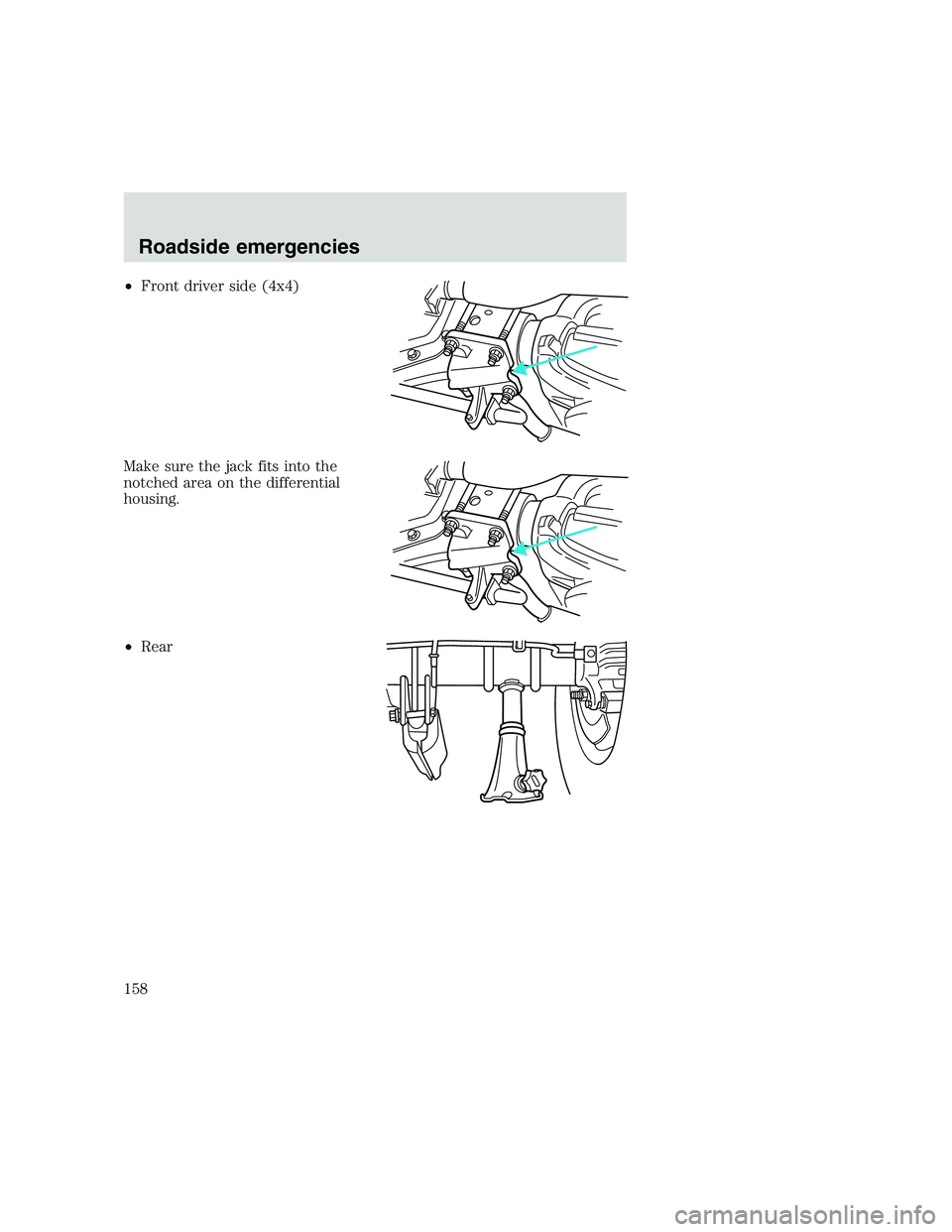 FORD F250 SUPER DUTY 1999  Owners Manual •Front driver side (4x4)
Make sure the jack fits into the
notched area on the differential
housing.
•Rear
Roadside emergencies
158 