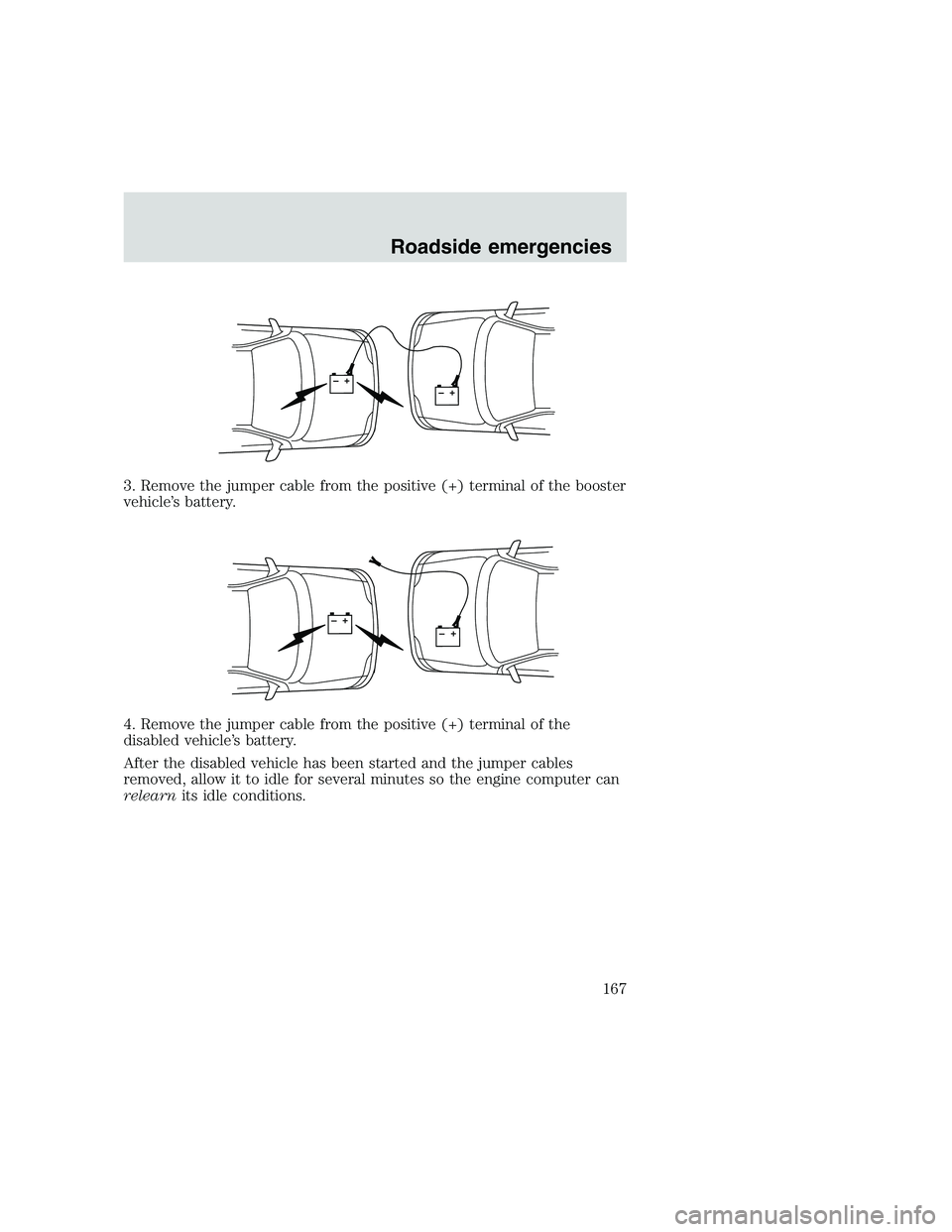 FORD F250 SUPER DUTY 1999  Owners Manual 3. Remove the jumper cable from the positive (+) terminal of the booster
vehicle’s battery.
4. Remove the jumper cable from the positive (+) terminal of the
disabled vehicle’s battery.
After the d