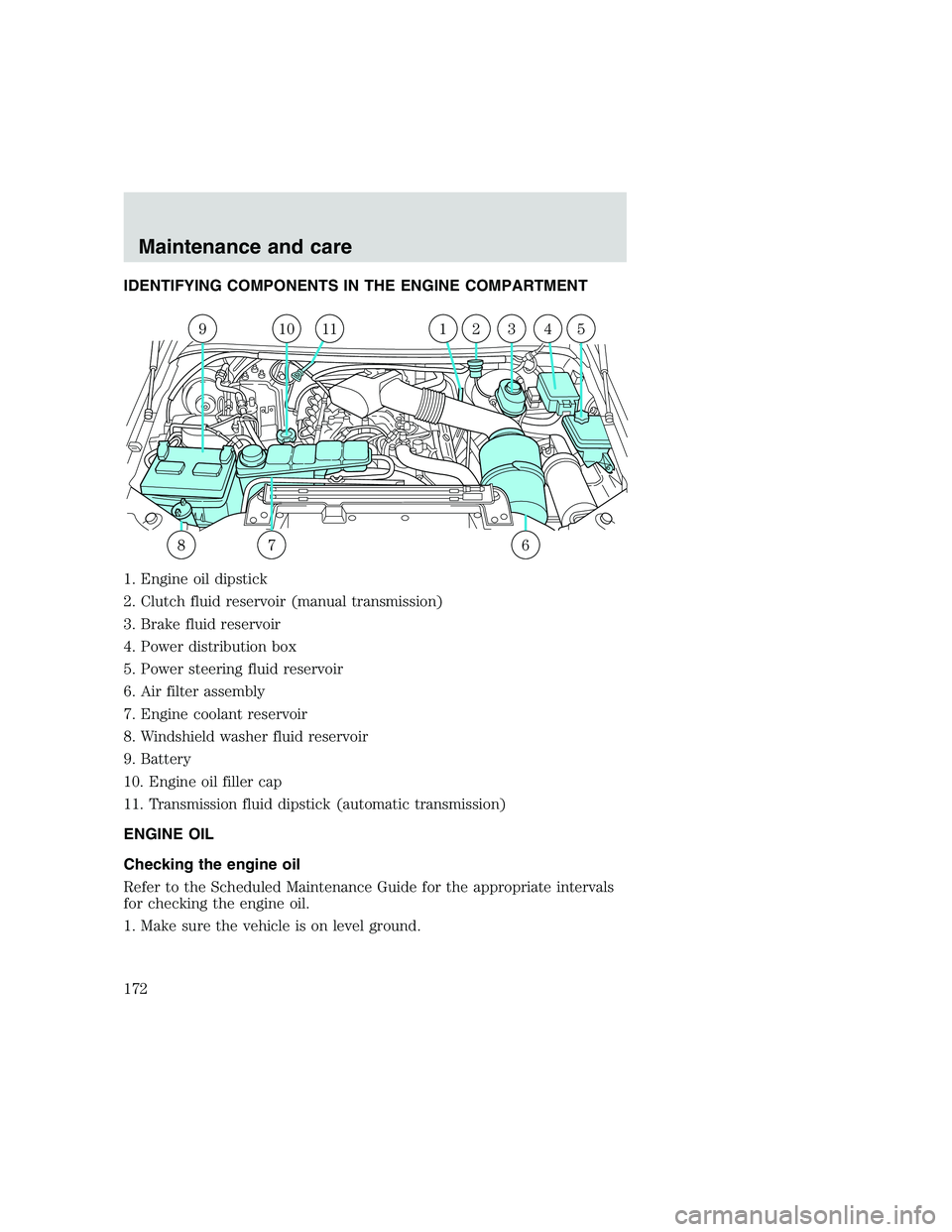 FORD F250 SUPER DUTY 1999  Owners Manual IDENTIFYING COMPONENTS IN THE ENGINE COMPARTMENT
1. Engine oil dipstick
2. Clutch fluid reservoir (manual transmission)
3. Brake fluid reservoir
4. Power distribution box
5. Power steering fluid reser