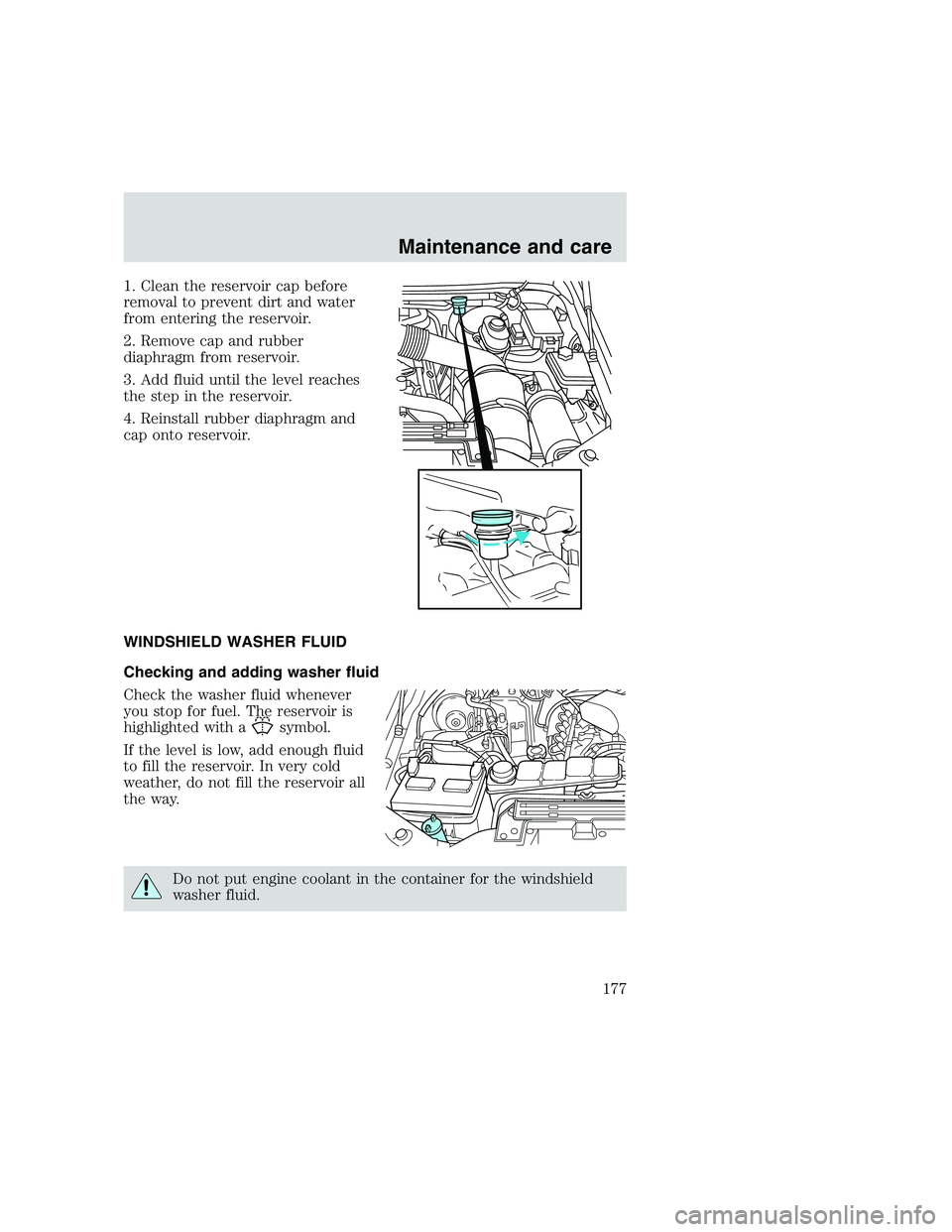 FORD F250 SUPER DUTY 1999  Owners Manual 1. Clean the reservoir cap before
removal to prevent dirt and water
from entering the reservoir.
2. Remove cap and rubber
diaphragm from reservoir.
3. Add fluid until the level reaches
the step in the
