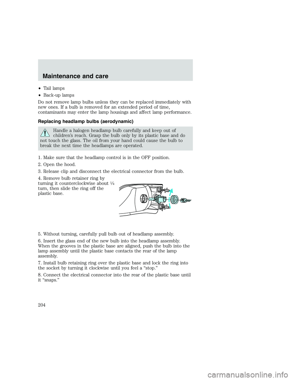 FORD F250 SUPER DUTY 1999  Owners Manual •Tail lamps
•Back-up lamps
Do not remove lamp bulbs unless they can be replaced immediately with
new ones. If a bulb is removed for an extended period of time,
contaminants may enter the lamp hous