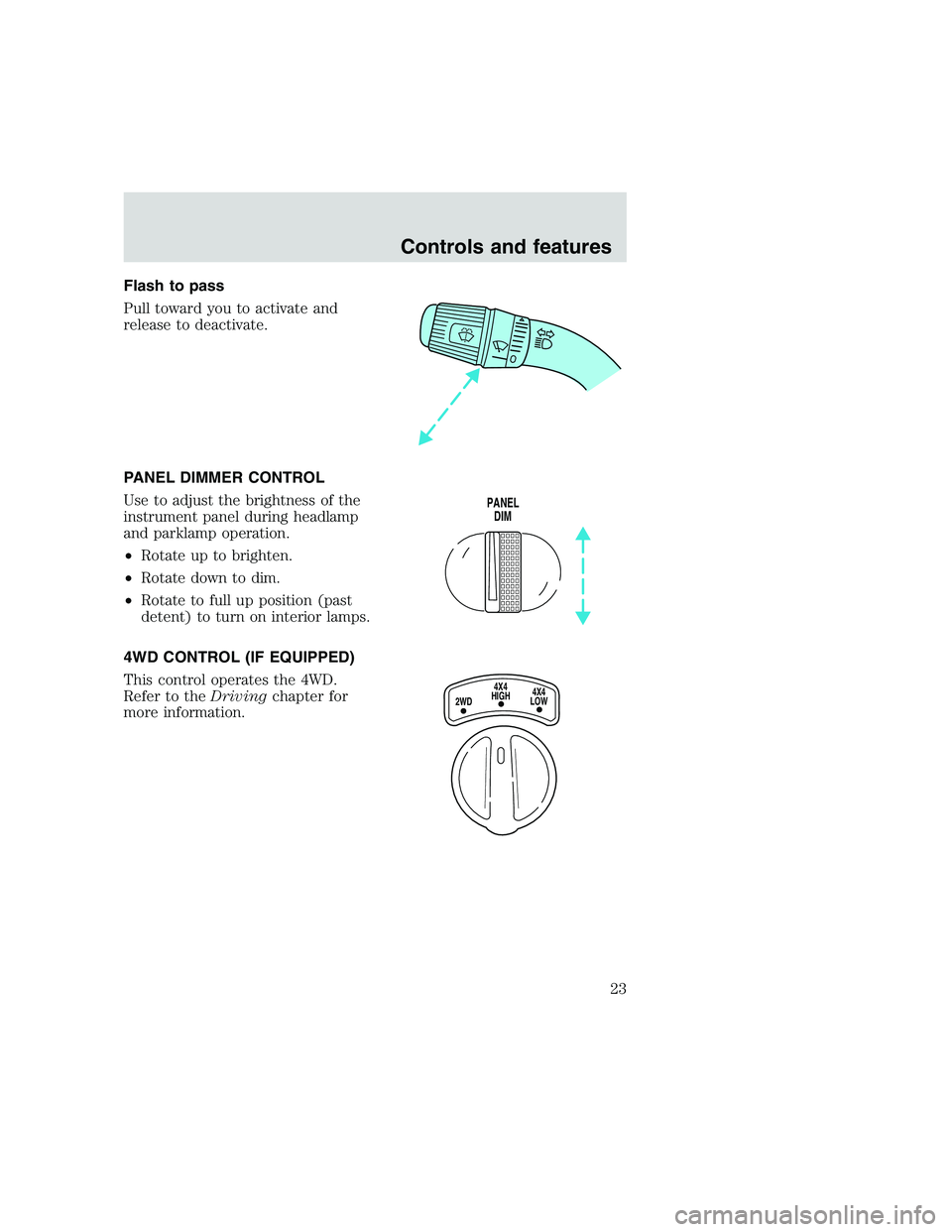 FORD F250 SUPER DUTY 1999 Owners Manual Flash to pass
Pull toward you to activate and
release to deactivate.
PANEL DIMMER CONTROL
Use to adjust the brightness of the
instrument panel during headlamp
and parklamp operation.
•Rotate up to b FORD F250 SUPER DUTY 1999 Owners Manual Flash to pass
Pull toward you to activate and
release to deactivate.
PANEL DIMMER CONTROL
Use to adjust the brightness of the
instrument panel during headlamp
and parklamp operation.
•Rotate up to b