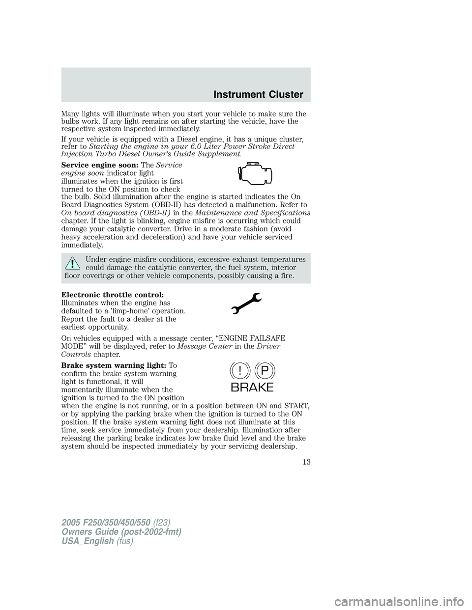 FORD F250 SUPER DUTY 2005 User Guide Many lights will illuminate when you start your vehicle to make sure the
bulbs work. If any light remains on after starting the vehicle, have the
respective system inspected immediately.
If your vehic