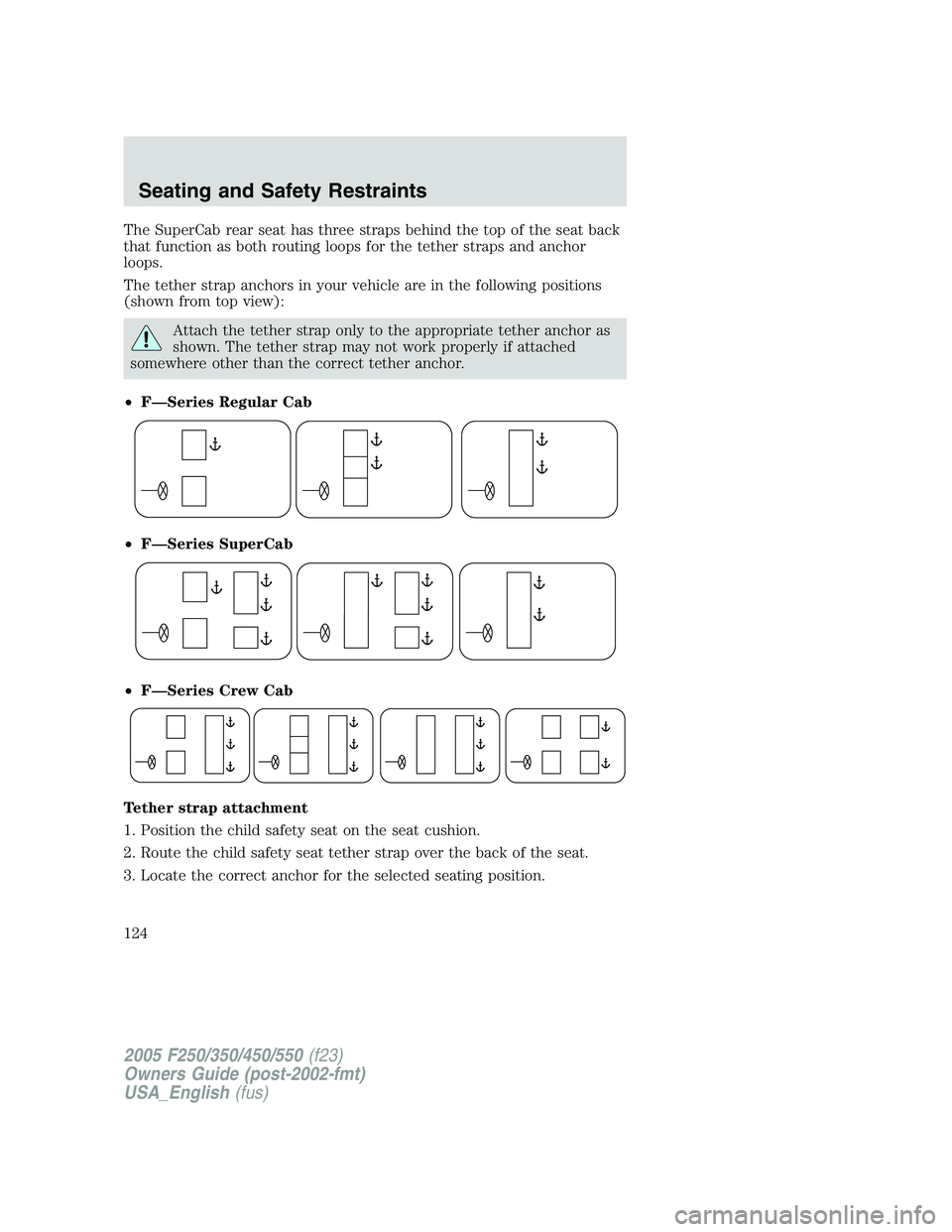 FORD F250 SUPER DUTY 2005  Owners Manual The SuperCab rear seat has three straps behind the top of the seat back
that function as both routing loops for the tether straps and anchor
loops.
The tether strap anchors in your vehicle are in the 