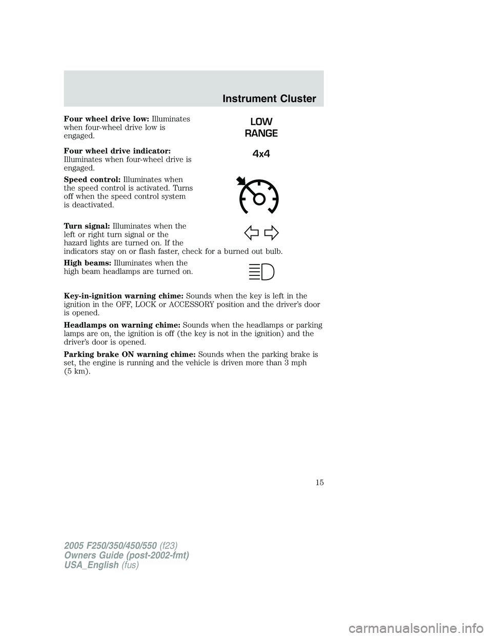 FORD F250 SUPER DUTY 2005 User Guide Four wheel drive low: Illuminates
when four-wheel drive low is
engaged.
Four wheel drive indicator:
Illuminates when four-wheel drive is
engaged.
Speed control: Illuminates when
the speed control is a